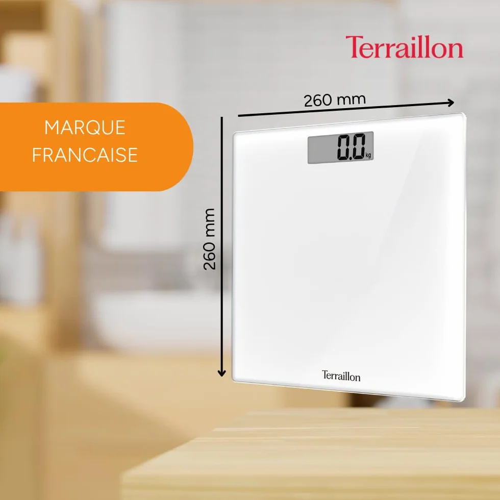 TERRAILLON - Bilancia Pesapersone Digitale TSQUARE BIANCO- Compatto e ultra piatto 26 cm x 26 cm - Vassoio vetro-ampio schermo LCD-capacità 180 kg - Graduazione 100 g - Bianco