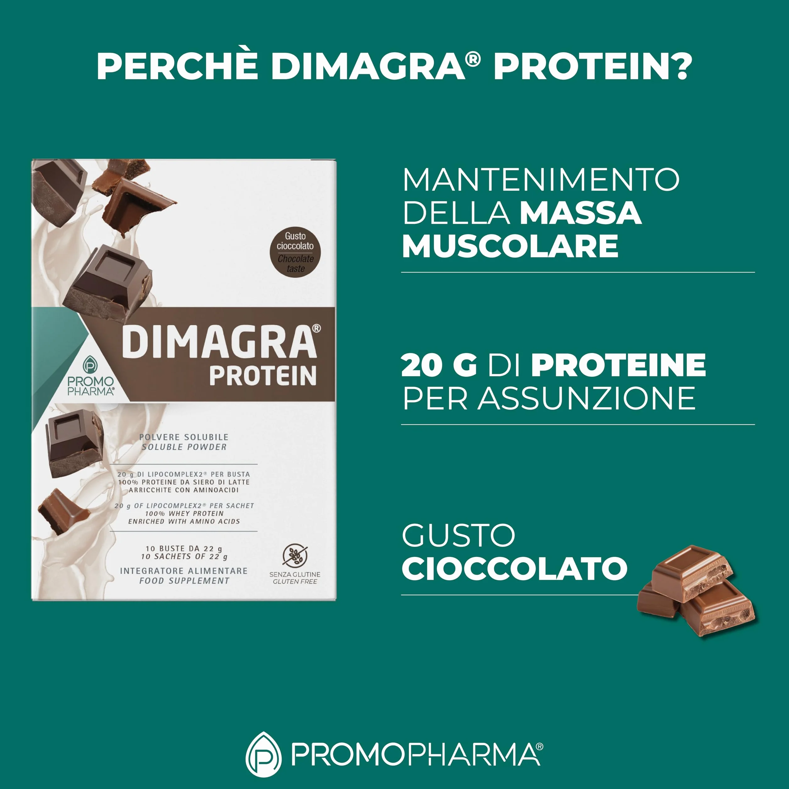 Dimagra Protein - Integratore Proteico per Dieta Chetogenica - Proteine in Polvere - Gusto Cioccolato - 10 buste da 22 g