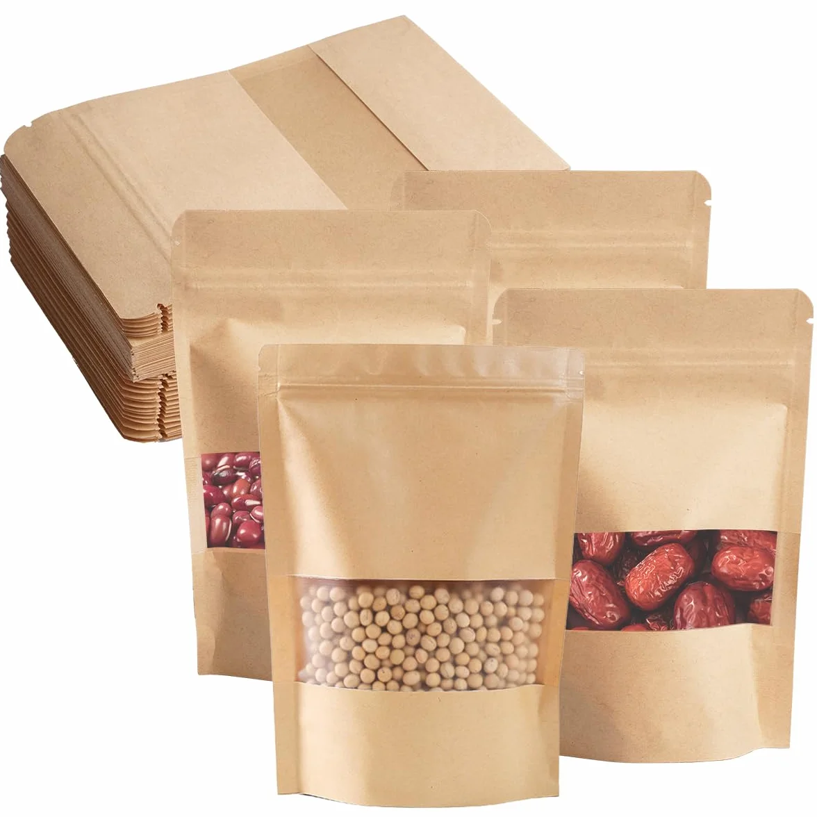 100 Pezzi 15 x 10 cm Sacchetti Carta Kraft con Finestra, Marrone Sacchetti di Carta per Alimenti, Riutilizzabile con Cerniera Imballaggi per Alimenti in Carta Kraft per Noci, Chicchi di Caffè, Tè