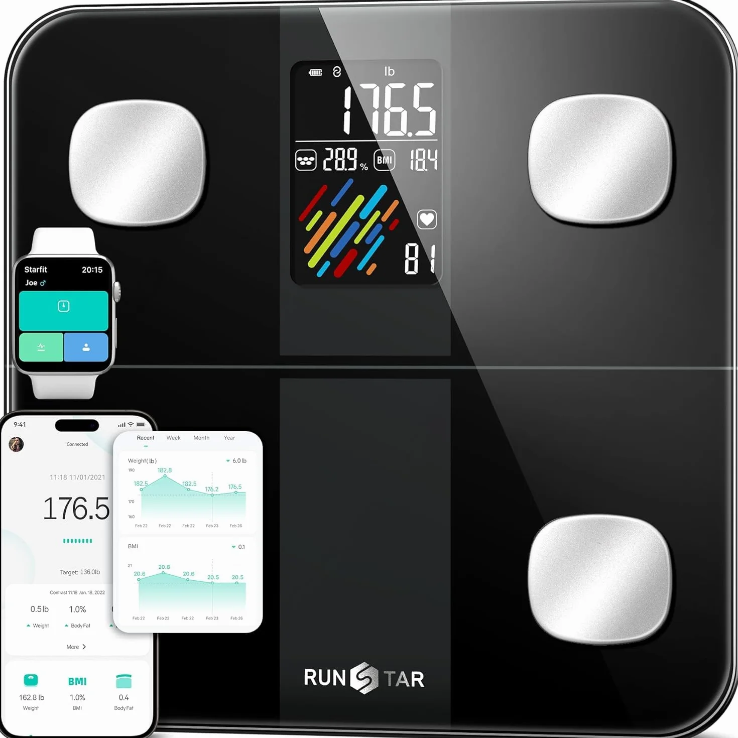 RunStar Bilancia Pesapersone Digitale Smart, Analizza 15 Dati Composizione Corporea, 400lb