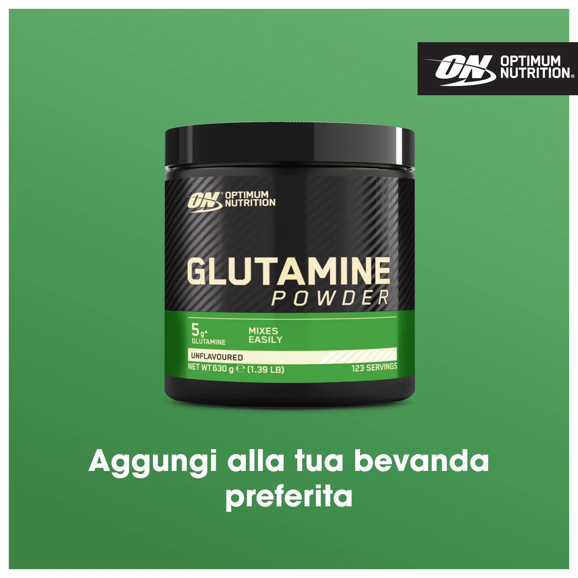 Optimum Nutrition Glutamine, Aminoacido L-Glutammina in Polvere, Integratore Alimentare per la Preparazione di Frullati Pre e Post-Allenamento, Non Aromatizzato, 123 Porzioni, 630 g