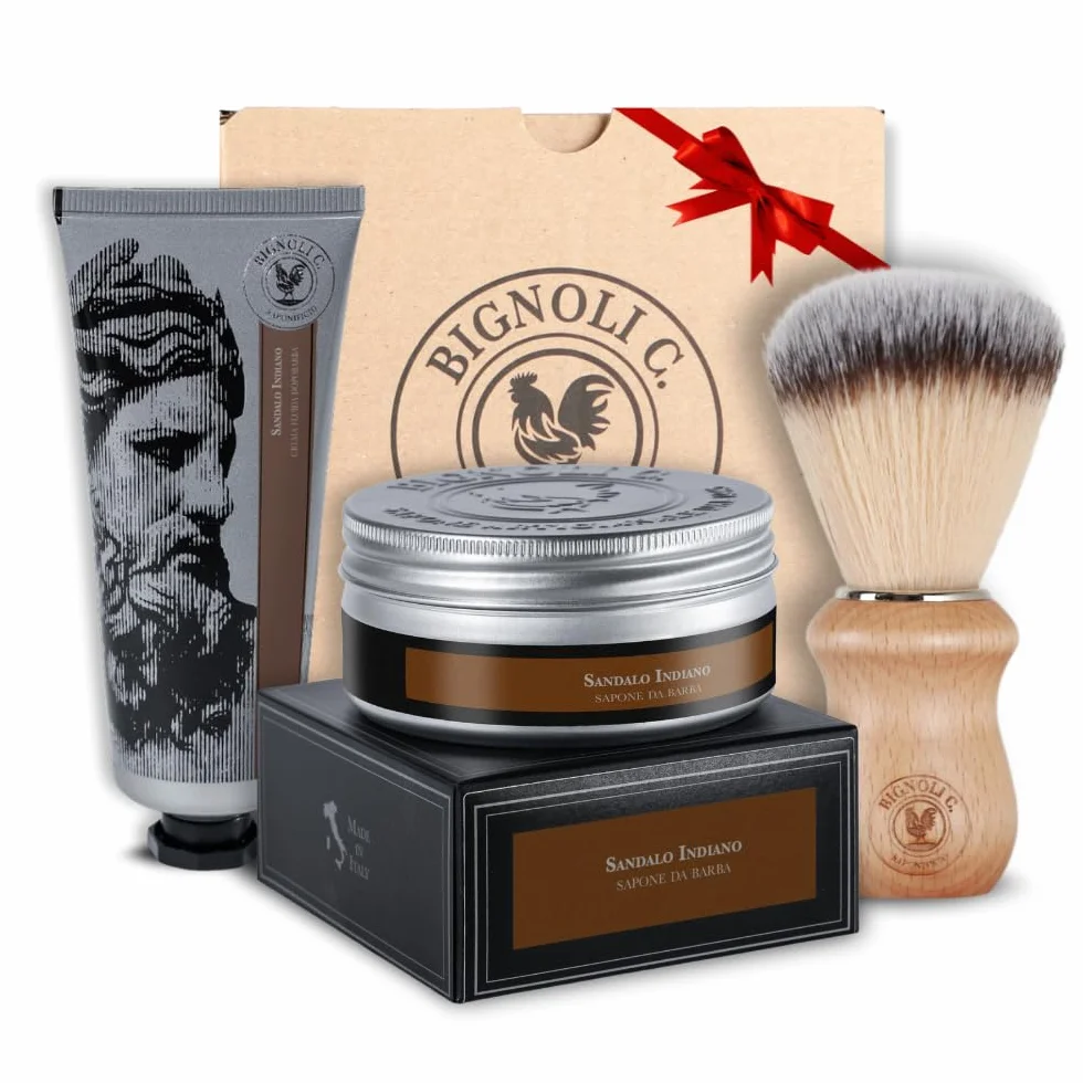 Bignoli Set Rasatura Tradizionale – Kit Barba Uomo - Sapone da Barba 175g + Crema Dopobarba 75ml + Pennello | Qualità Artigianale - Set Regalo Uomo