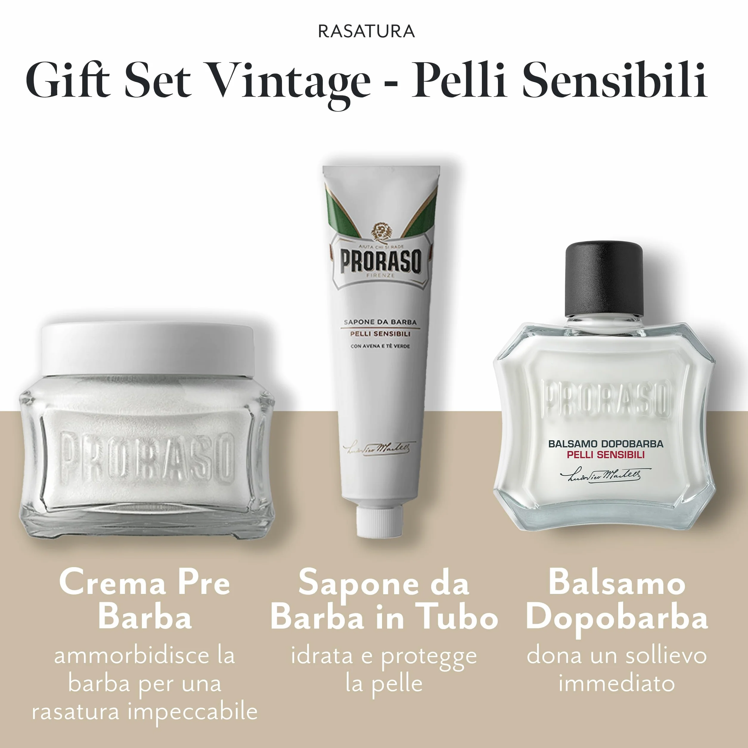 Proraso Set Vintage Selection Pelli Sensibili, Set regalo uomo Crema Pre Barba 100 ml, Sapone Barba 150 ml, Balsamo Dopobarba 100 ml, Made in Italy
