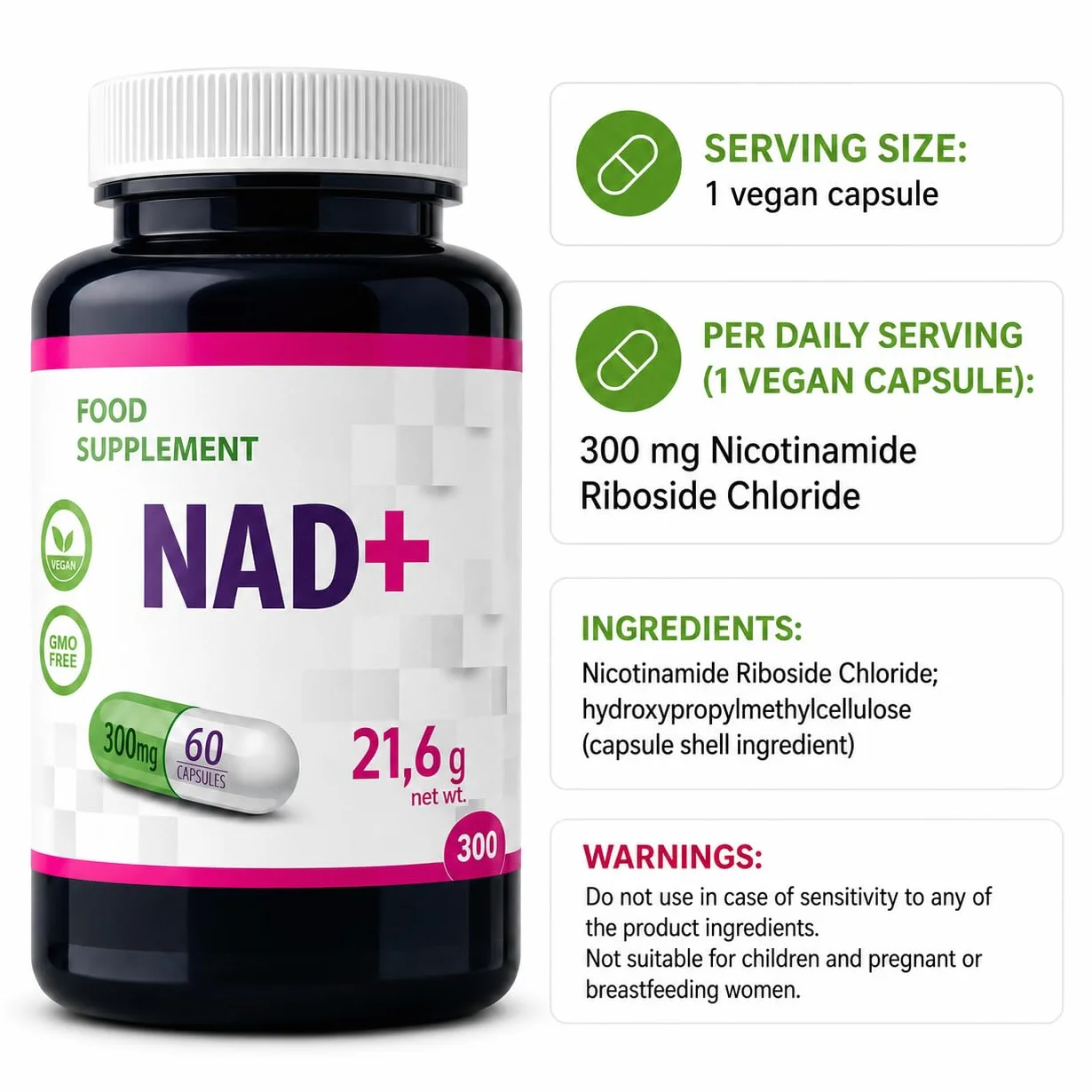 Hepatica NAD+ Nicotinammide Riboside 300 mg | 60 Capsule Vegane | Scorta 2 Mesi | Ingrediente Unico | GMP & laboratorio indipendente