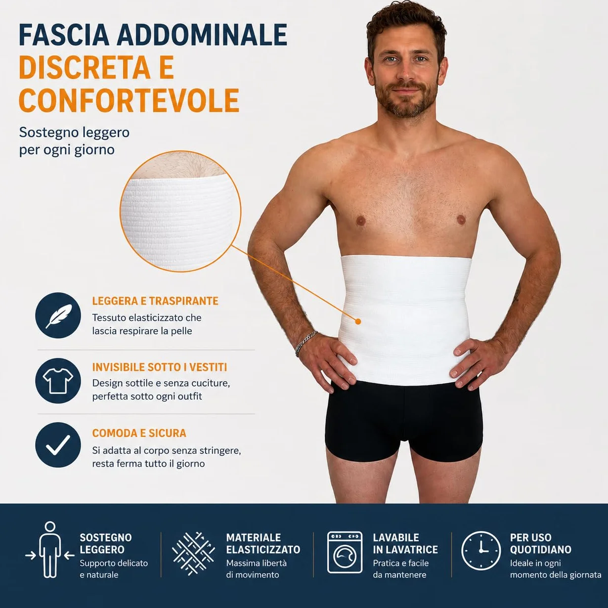 eMMe SQUARE - Fascia Lombare Estiva in Cotone Traspirante Unisex – Pancera Contenitiva, Supporto Schiena Addominale Elasticizzato Made in Italy – Ideale per l'Estate (L)