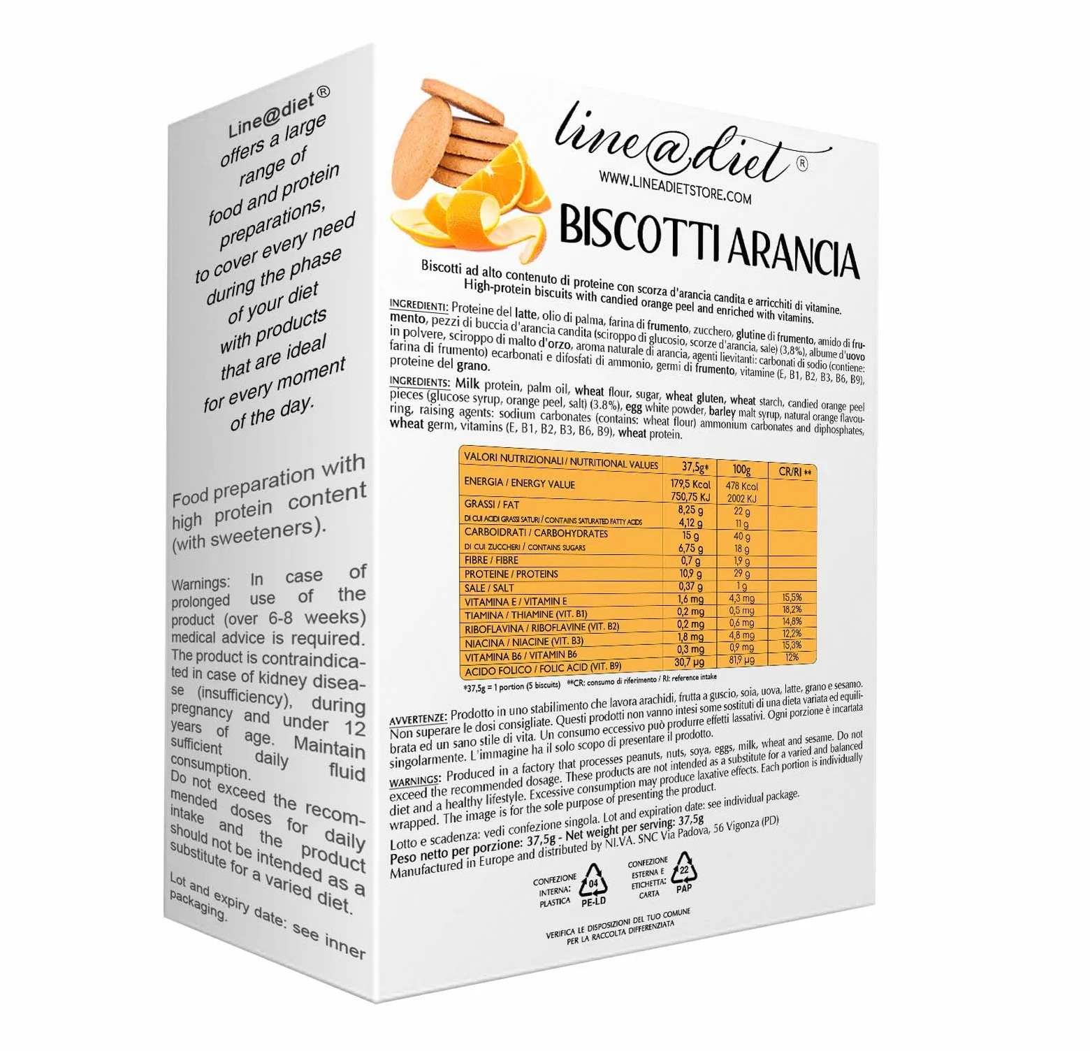 Biscotti proteici Lineadiet - 14 monoporzioni di biscotti gusto arancia - 29% proteine, ridotto contenuto di carboidrati e zuccheri (70 biscotti totali)