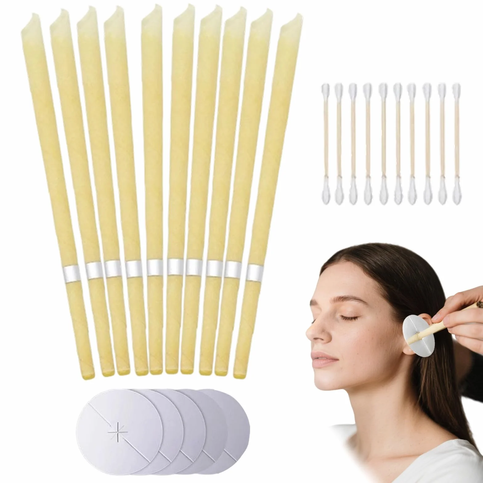 10 Pezzi Candele per orecchie,con cera d'api organica naturale per orecchie bloccate,con 5 Dischi Protettivi per Orecchie Bloccate e 10 pezzi tamponi di cotone