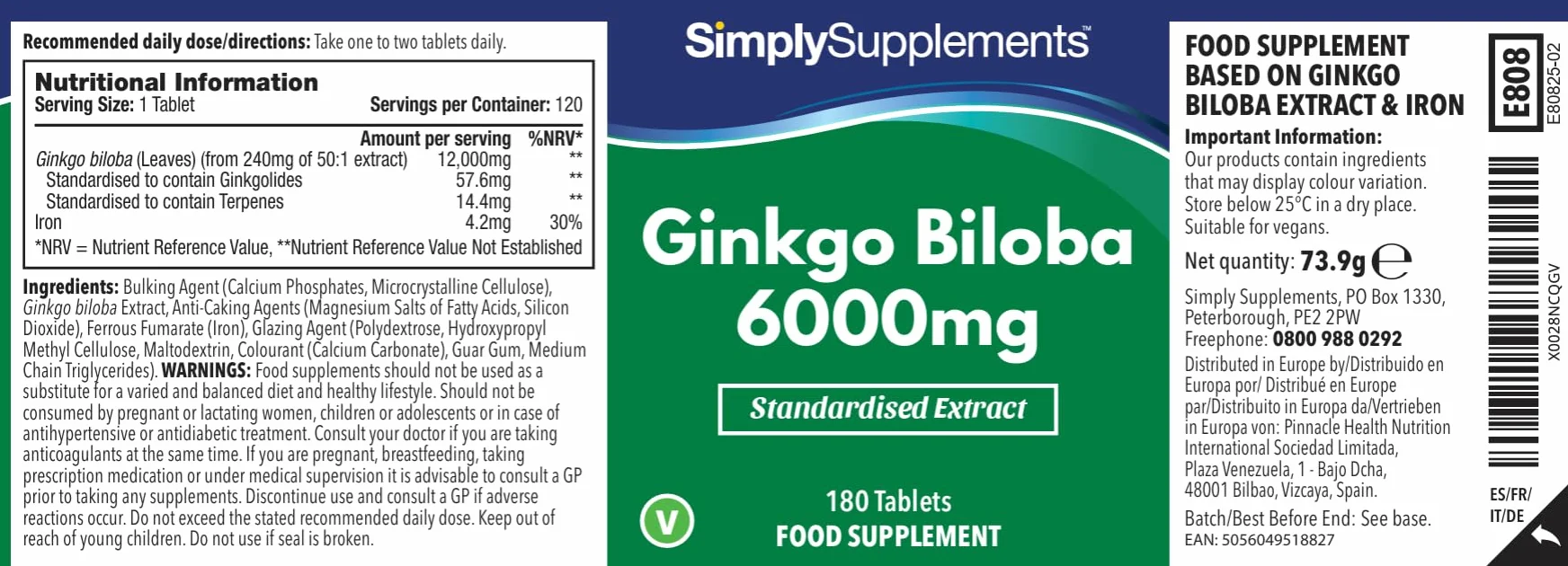 Ginkgo Biloba 6000 mg - 360 Compresse - Adatto ai Vegani – 6 mesi di scorta –SimplySupplements