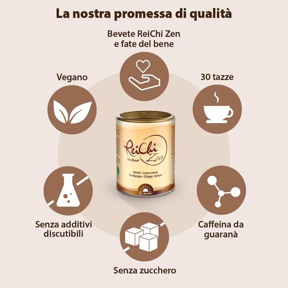 ReiChi Zen I 70% di funghi pregiati: Reishi, Chaga, Cordyceps, “Criniera di leone” I Caffè ai funghi I Caffeina dal guaranà I Magnesio per i nervi e la psiche* I vegano, senza additivi I 150 g, 30 taz