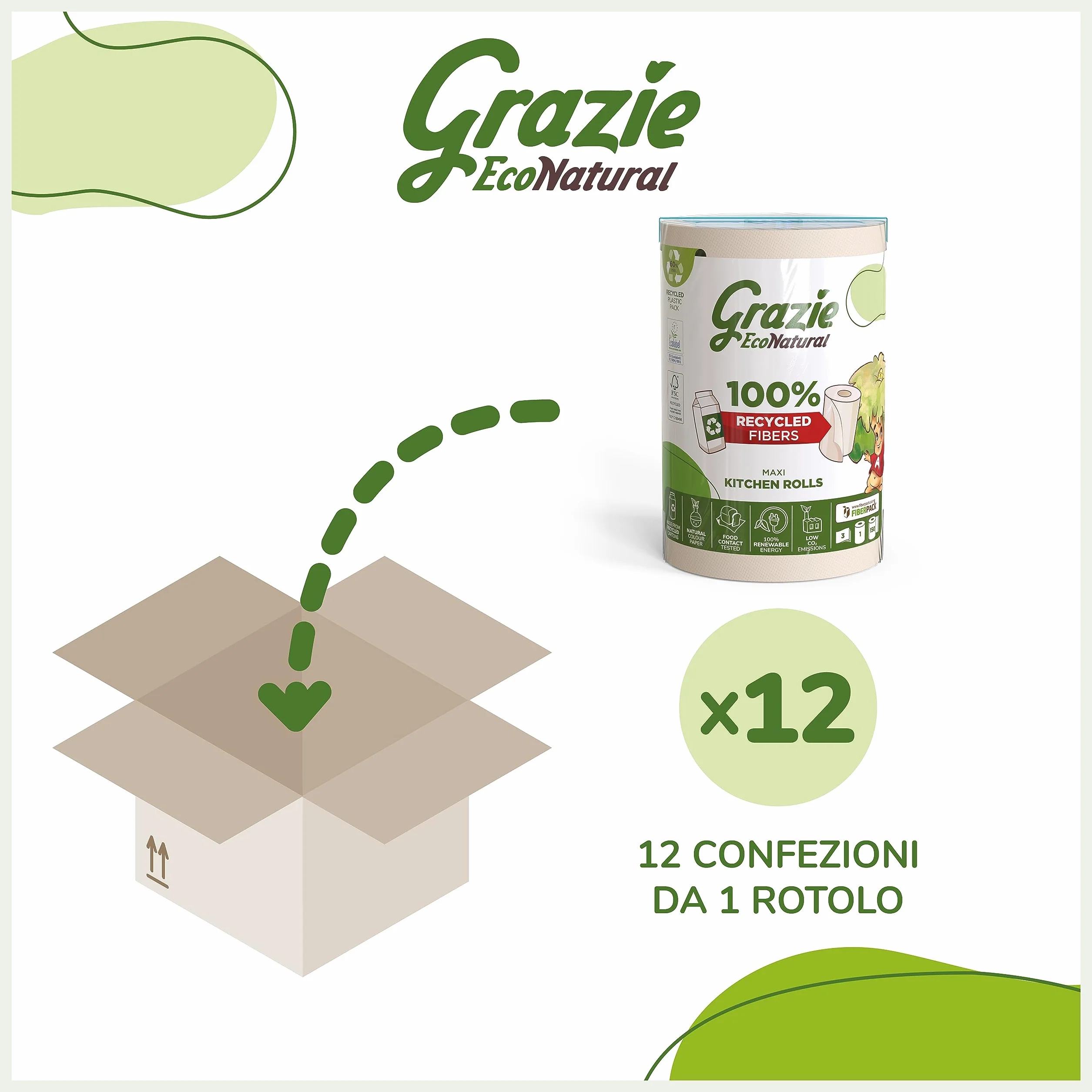 Asciugatutto Monorotolo 12 Rotoli Bobina Carta Assorbente 100% Riciclata Fiberpack Ecolabel FSC Recycled Made in Italy