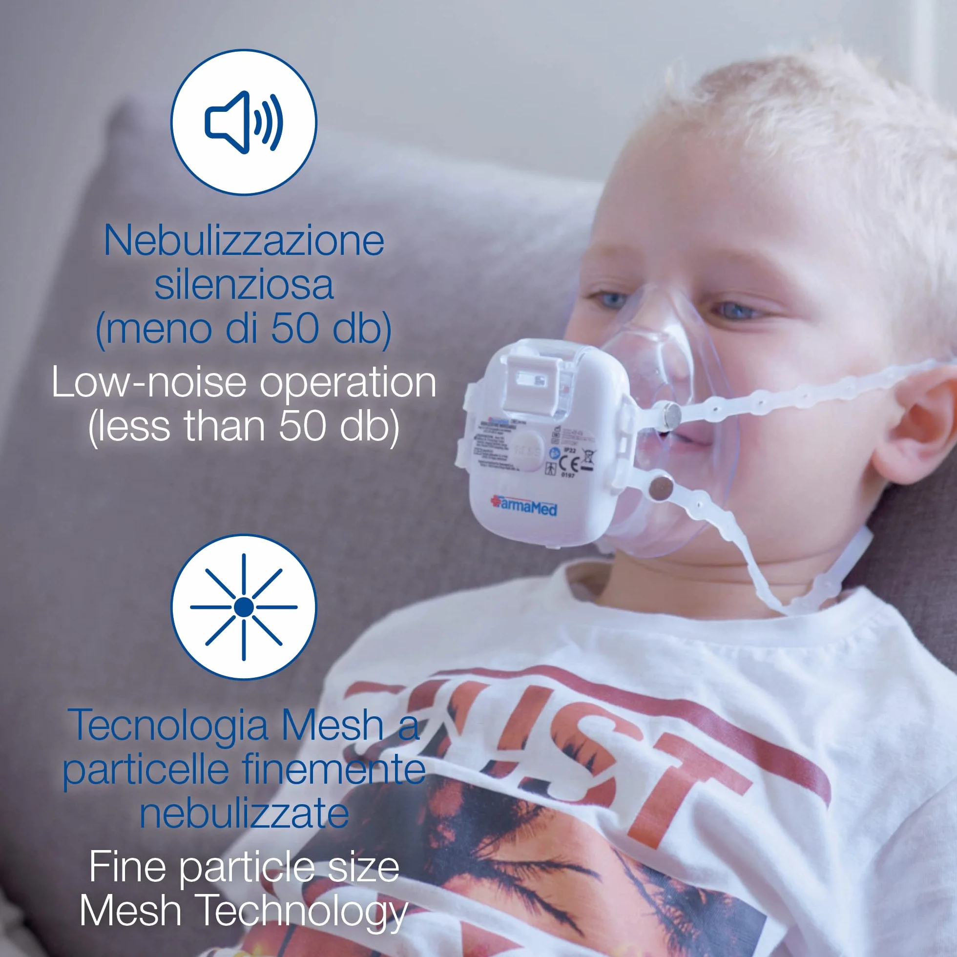 FARMAMED Aerosol Nebulizzatore Indossabile Tecnologia Mesh Silenzioso Portatile per bambini e adulti con boccaglio e maschere, Batteria ricaricabile con cavo USB, custodia inclusa