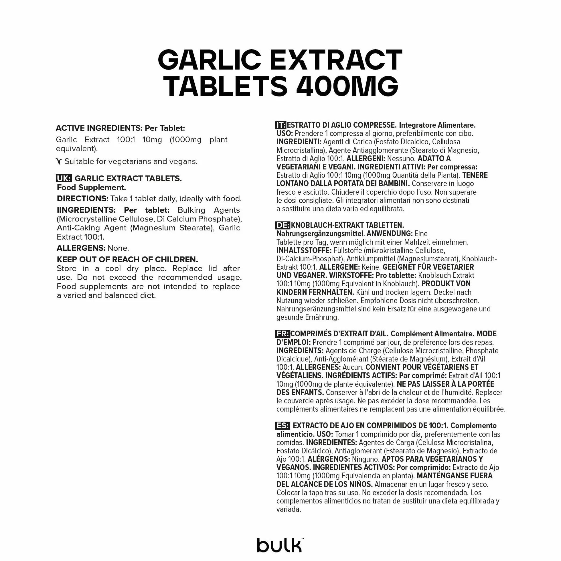 Bulk Estratto di aglio Compresse da 400 mg, 1000 mg, integratore di aglio inodore ad resistenza, 270 Compresse, 270 porzioni