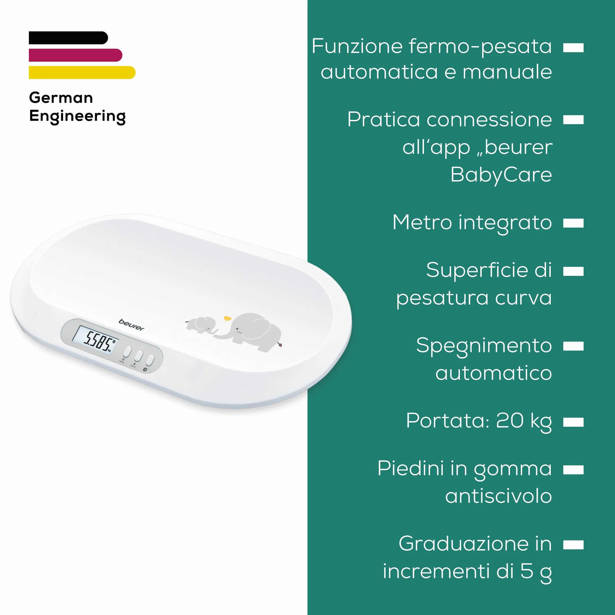 Beurer BY 90 Bilancia Pesaneonati Digitale Bluetooth BabyCare, Portata 20 kg, Metro Integrato, Tara, Fermo-Pesata, Display LCD, 10 Memorie