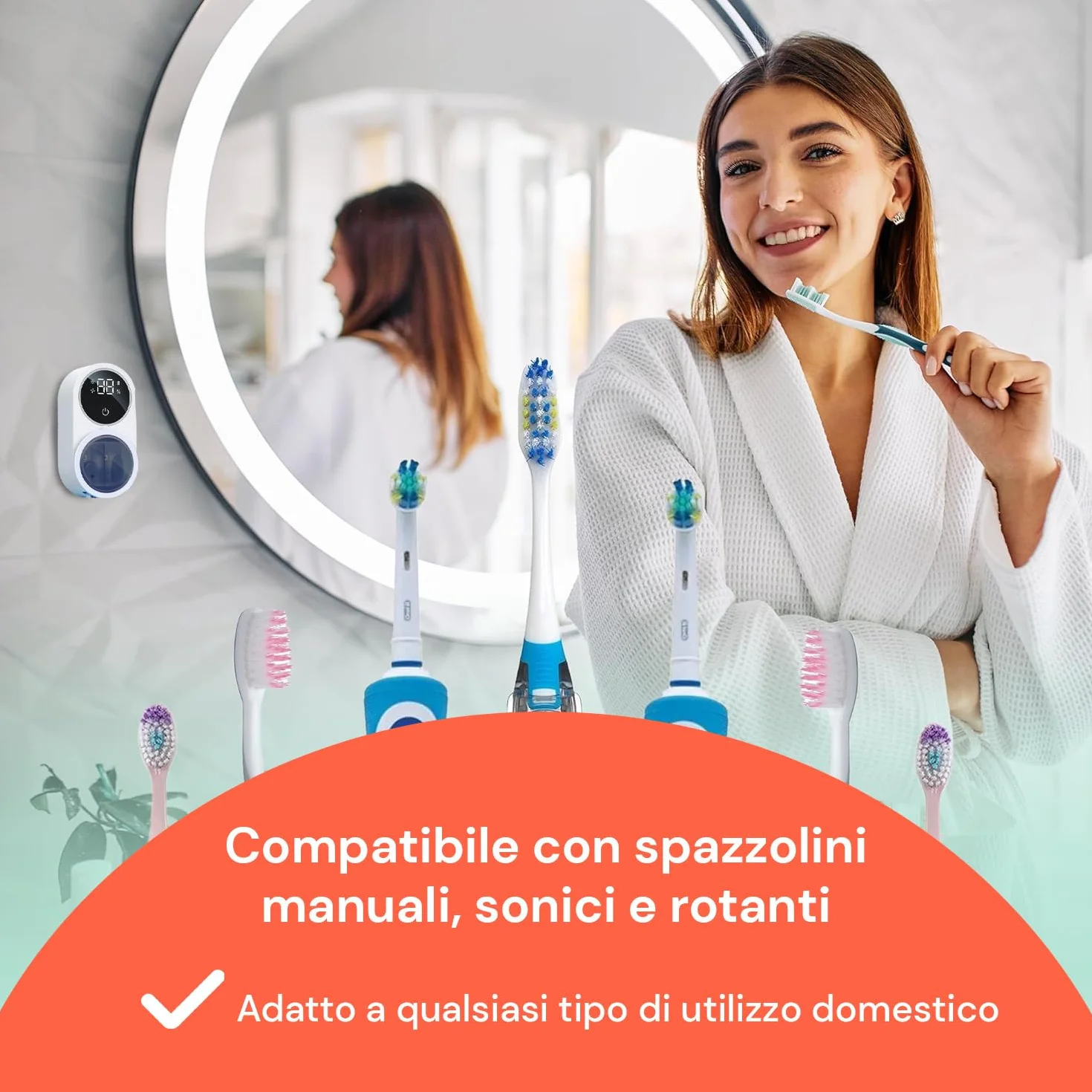 Avilia Sterilizzatore Spazzolini da Parete UV-C con Sensore Infrarossi e Display LED - Asciugatura Automatica e Ricarica USB - Porta Spazzolino Antibatterico per Spazzolini Manuali ed Elettrici