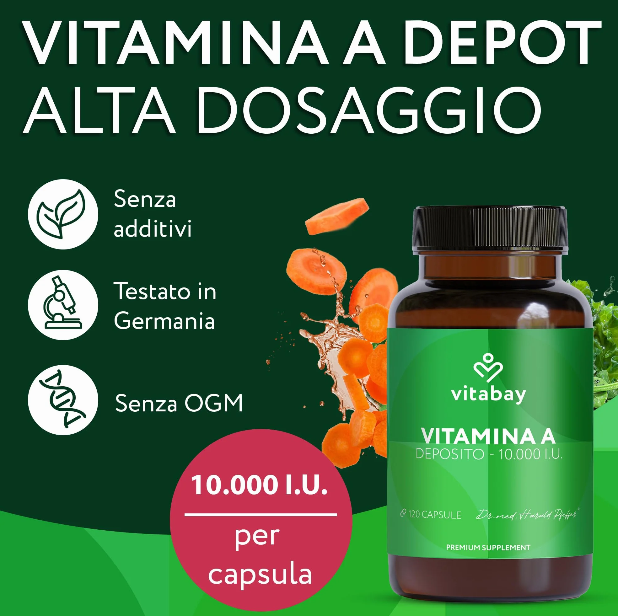 Vitabay Vitamina A capsule ad alto dosaggio – 120 capsule vegane di vitamina A retinolo 10000 UI – Vitamine A per occhi, pelle e sistema immunitario – Vit A Vegan – Testato in laboratorio