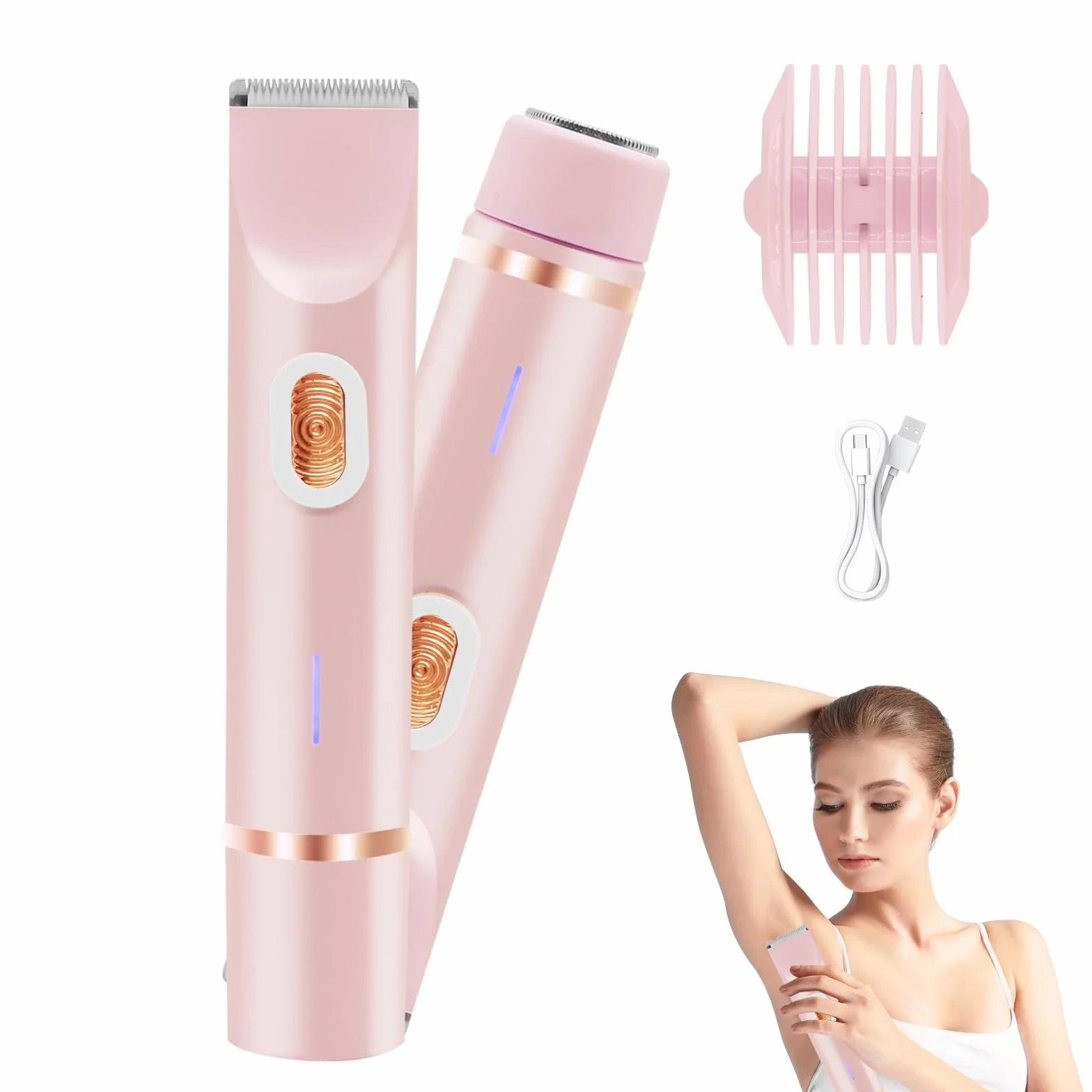 Rasoio elettrico da donna 2 in 1, Bikini Trimmer, impermeabile, utilizzabile sia a secco che bagnato, per gambe, braccia, ascelle e zona bikini (Rosa)