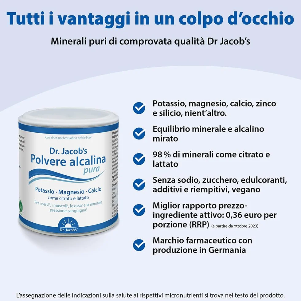Polvere Alcalina Pura del Dr. Jacob, Barattolo da 200 g I Potassio, Magnesio, Calcio, Zinco come Citrato e Lattato I Equilibrio Minerale e Alcalino Mirato* I 36 Porzioni