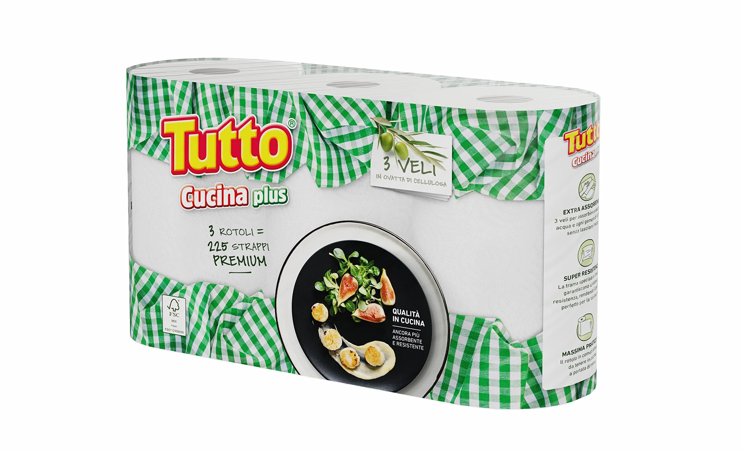 Tutto Cucina Plus Carta Asciugatutto 3 Rotoli 3 Veli Pura Ovatta Cellulosa Made in Italy