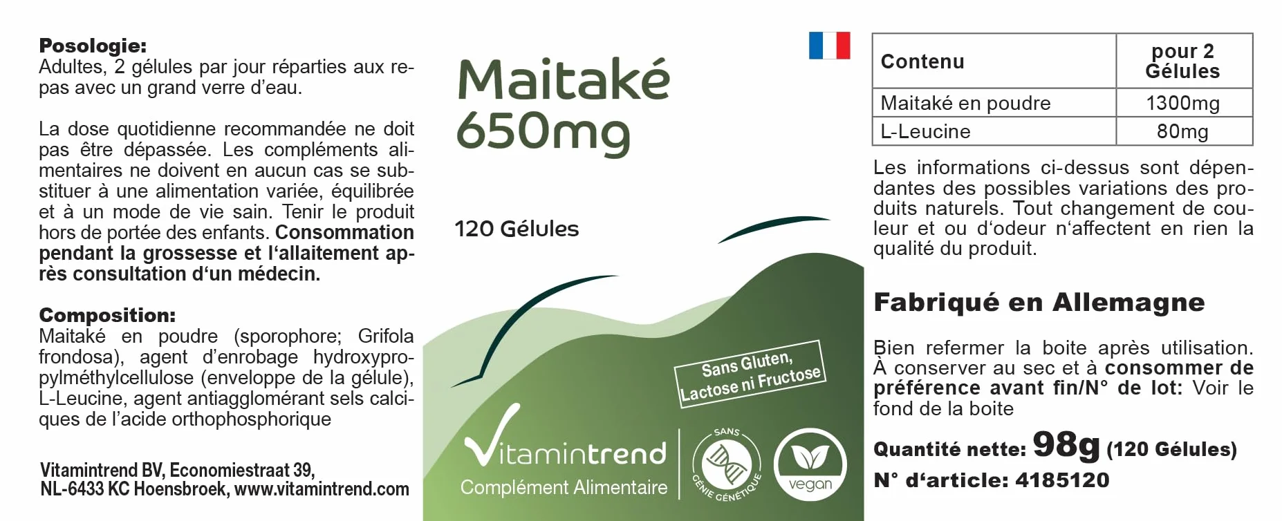 Vitamintrend Polvere di Maitake 650 mg, 120 capsule, ad alto dosaggio, adattogeno, integratore alimentare vegano senza stearato di magnesio, prodotto in Germania