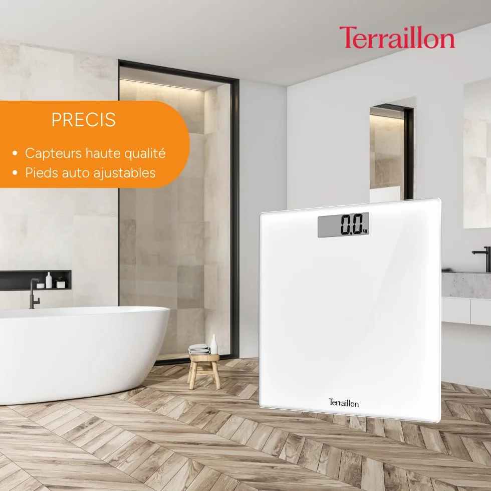 TERRAILLON - Bilancia Pesapersone Digitale TSQUARE BIANCO- Compatto e ultra piatto 26 cm x 26 cm - Vassoio vetro-ampio schermo LCD-capacità 180 kg - Graduazione 100 g - Bianco