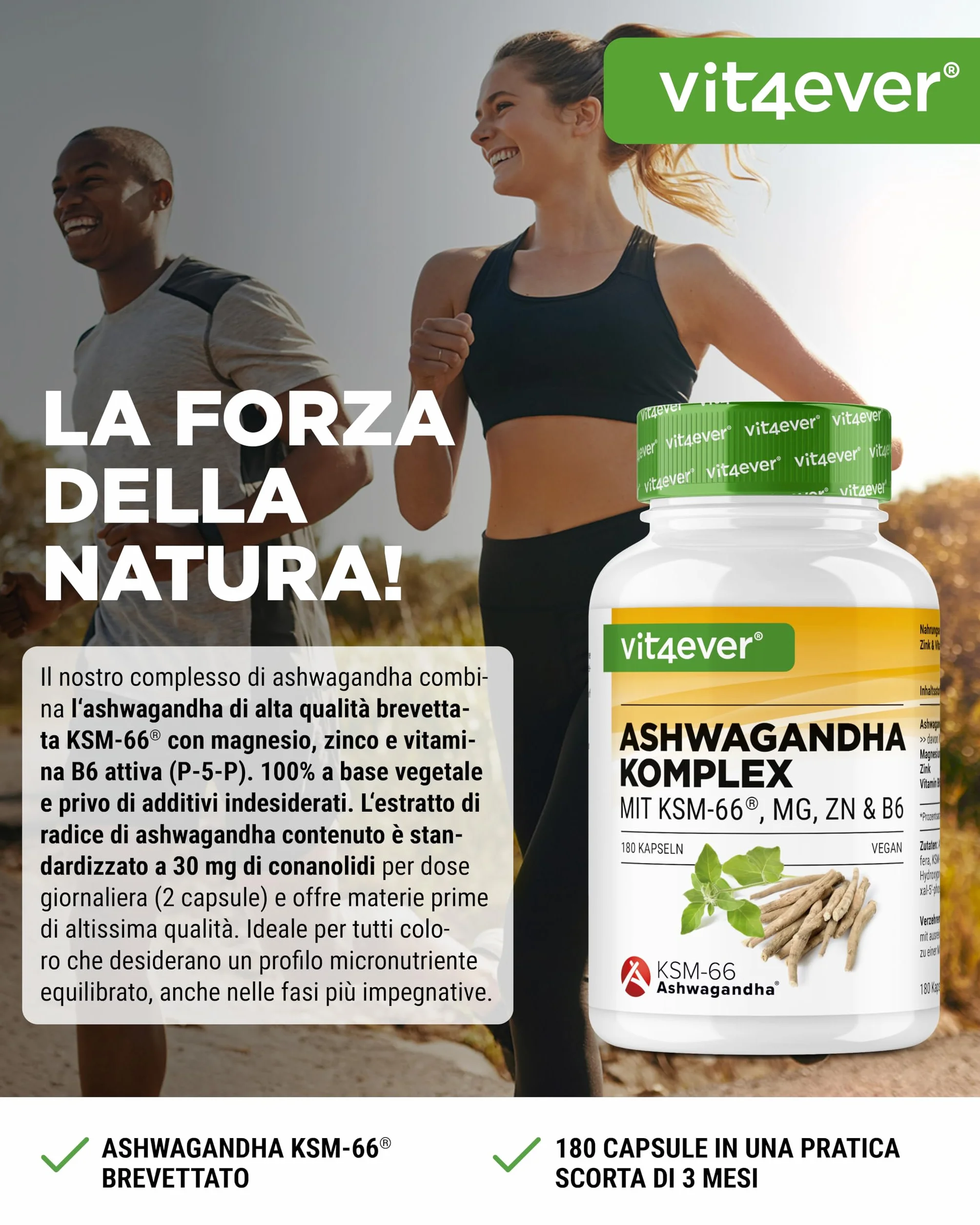 Complesso di Ashwagandha KSM-66® 180 capsule 600 mg con magnesio, zinco e vitamina B6 Vegan