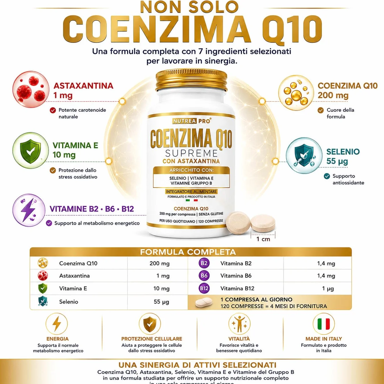 Coenzima Q10 200mg con Astaxantina 1mg |Coenzima Q10 migliore stabilità del normale q10 ubichinolo| Q10 Coenzima complex formulata con coq10 Astaxantina Vitamina E B12 B6 B2| NUTREAPRO®