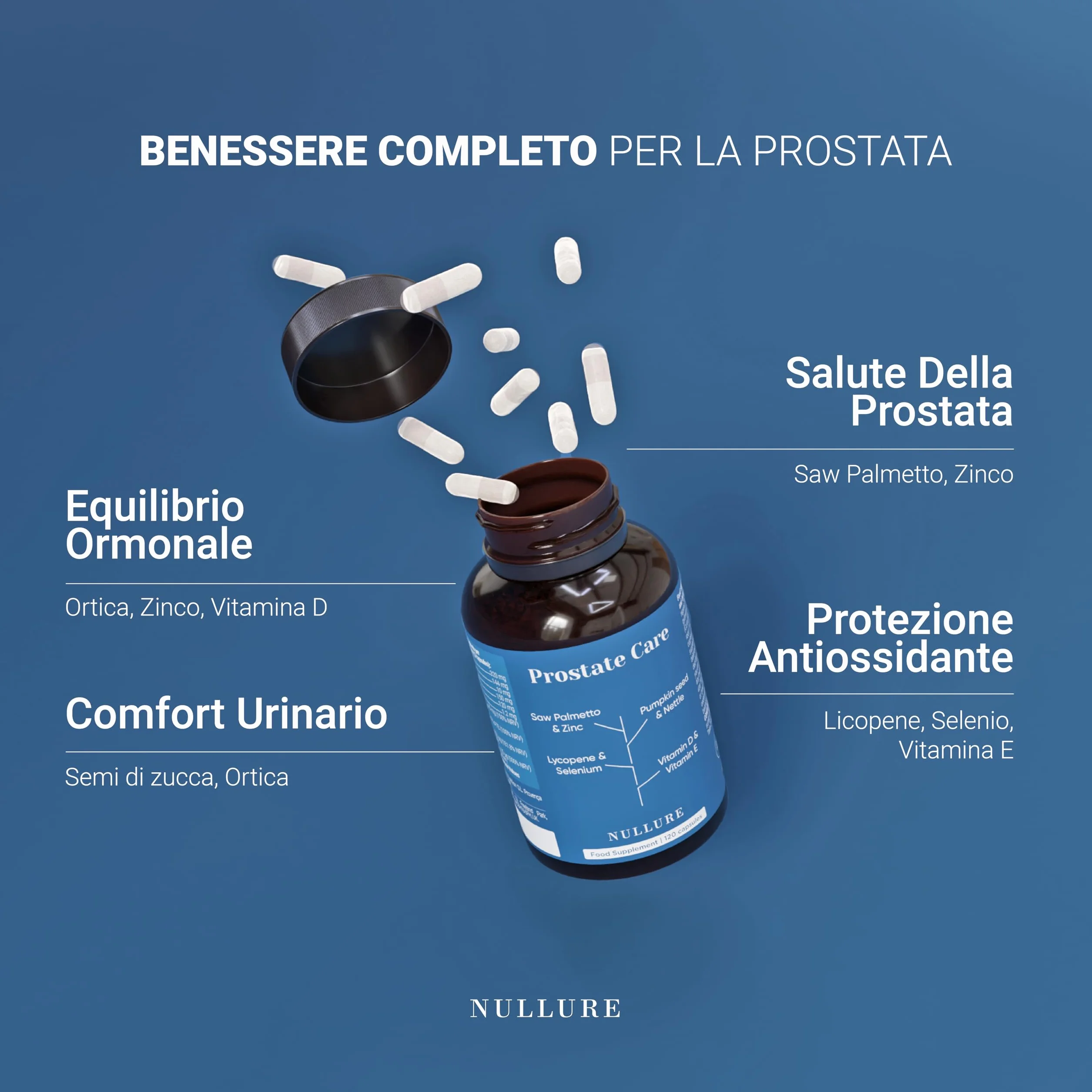 Nullure Saw Palmetto 320 mg Integratore Prostata Serenoa Repens Ortica Licopene Zucca 120 Caps Vegano