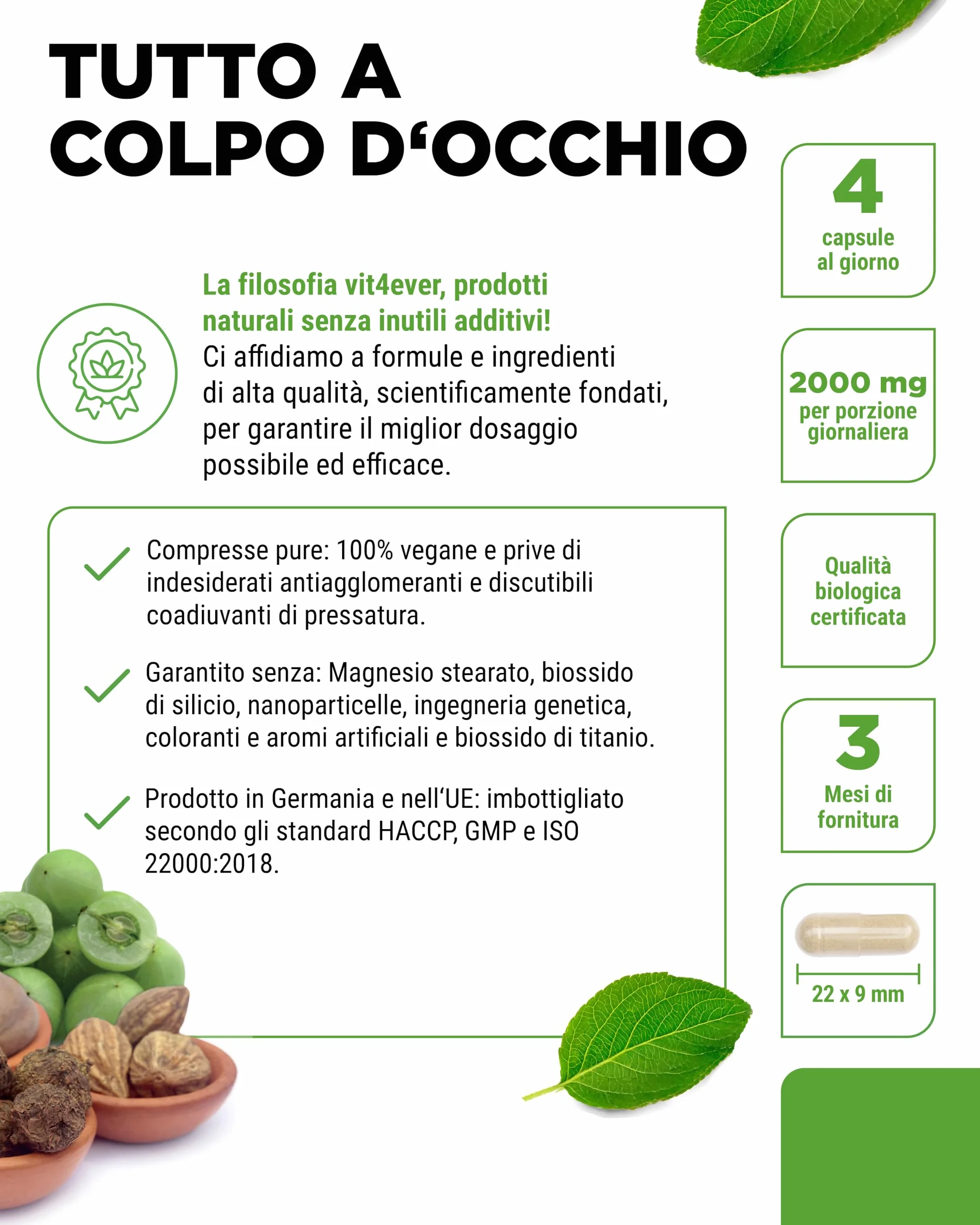 Triphala biologica - Alto dosaggio di 2000 mg (500 mg per capsula) - 365 capsule - Triphala in polvere dall'India: Haritaki, Amalaki, Bibhitaki - Senza additivi - Vegan