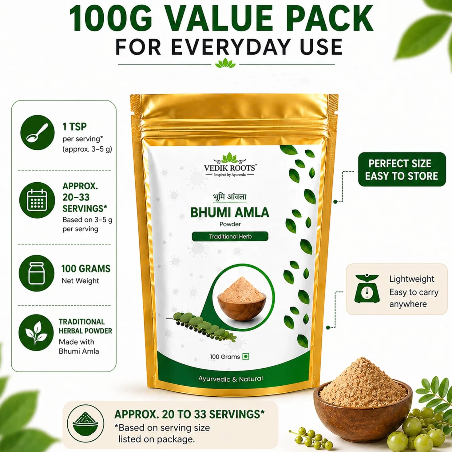 Vedikroots Bhumi Amla Powder Organic Pure Ingredient Extract for Healthy Liver Digestion
