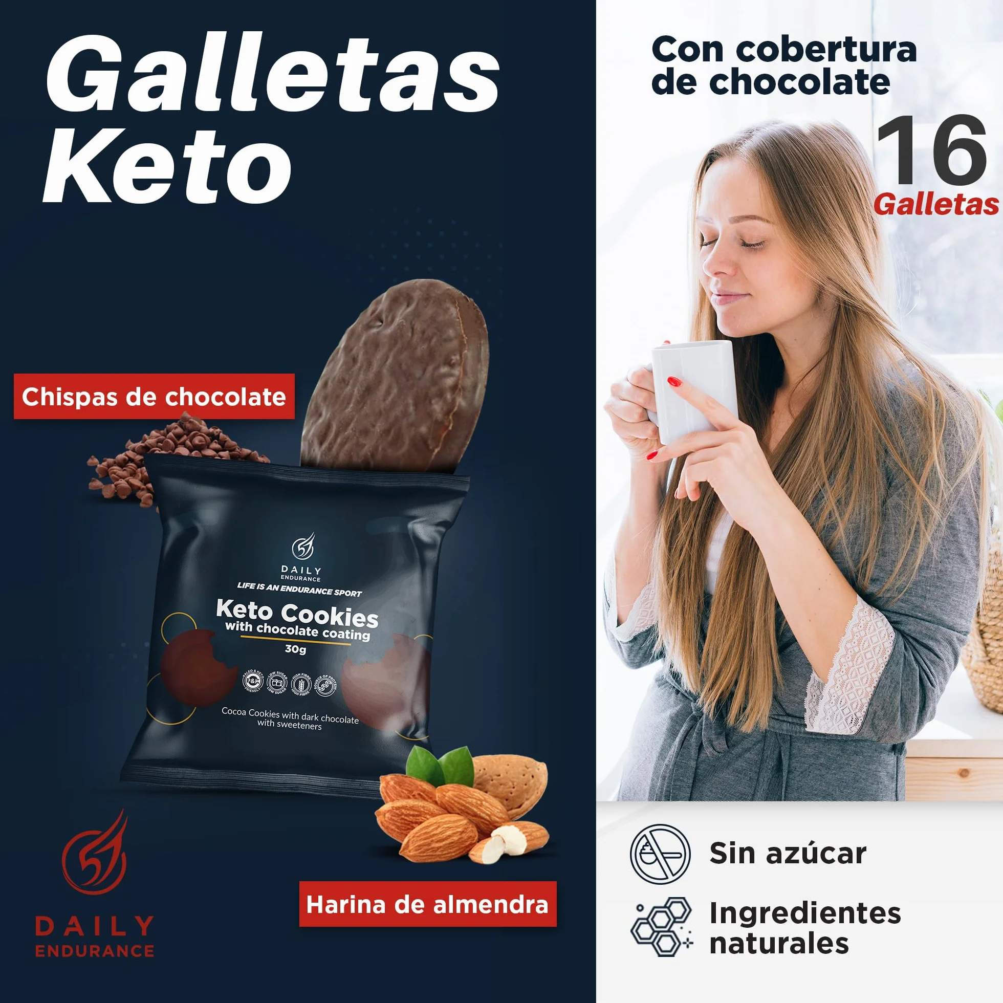 Keto Cookies Senza Zucchero 16 Biscotti Keto Rivestiti di Cioccolato Snack Keto 480g Daily Endurance