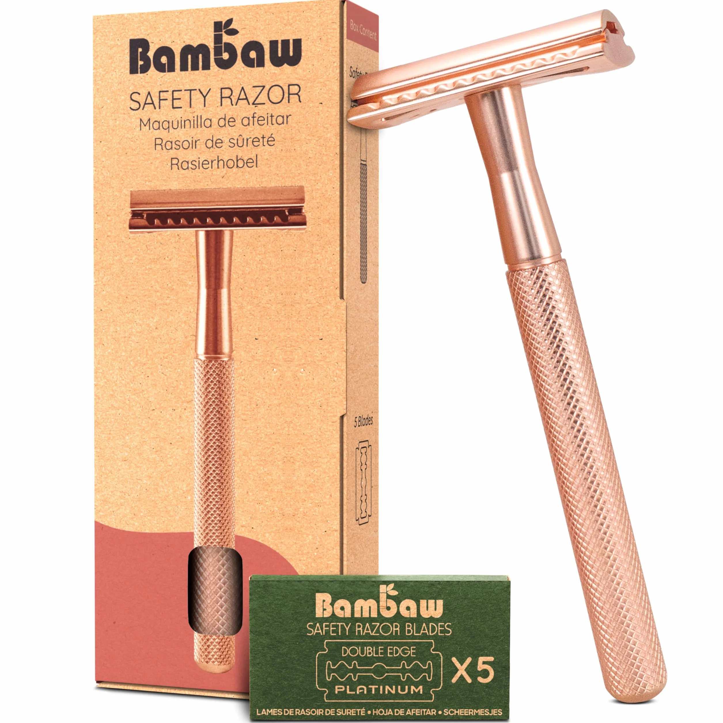 Bambaw Rasoio Sicurezza Donna con 5 Lamette per Rasoio di Sicurezza in Acciaio Inox Svedese Resistente alla Ruggine, Realizzato in Metallo Senza Plastica, Ideale per Tutti i Tipi di Pelle (Oro Rosa)