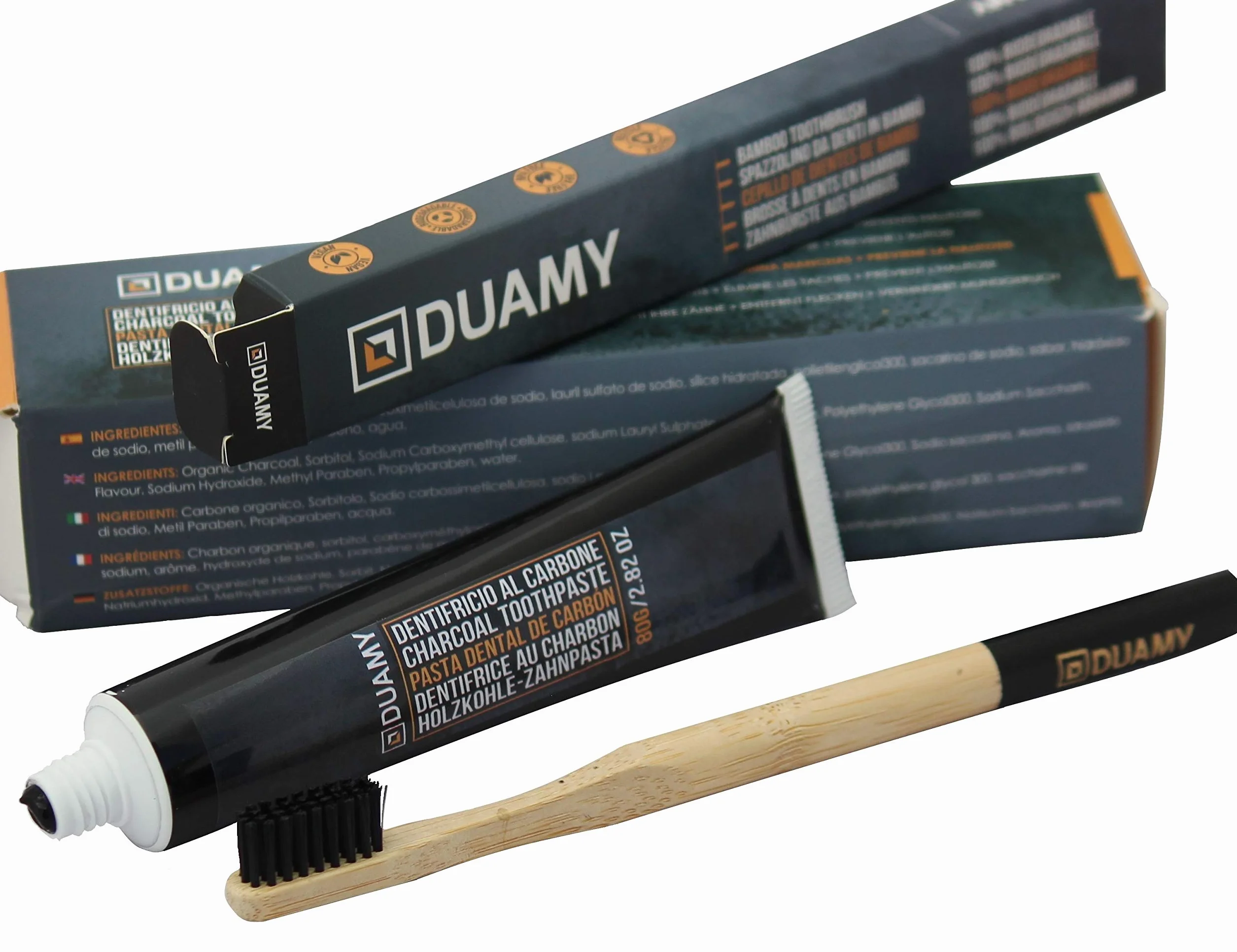 Kit Sbiancante Dentifricio al Carbone Attivo 80g + Spazzolino Bambù Bio Organico Senza Perossido