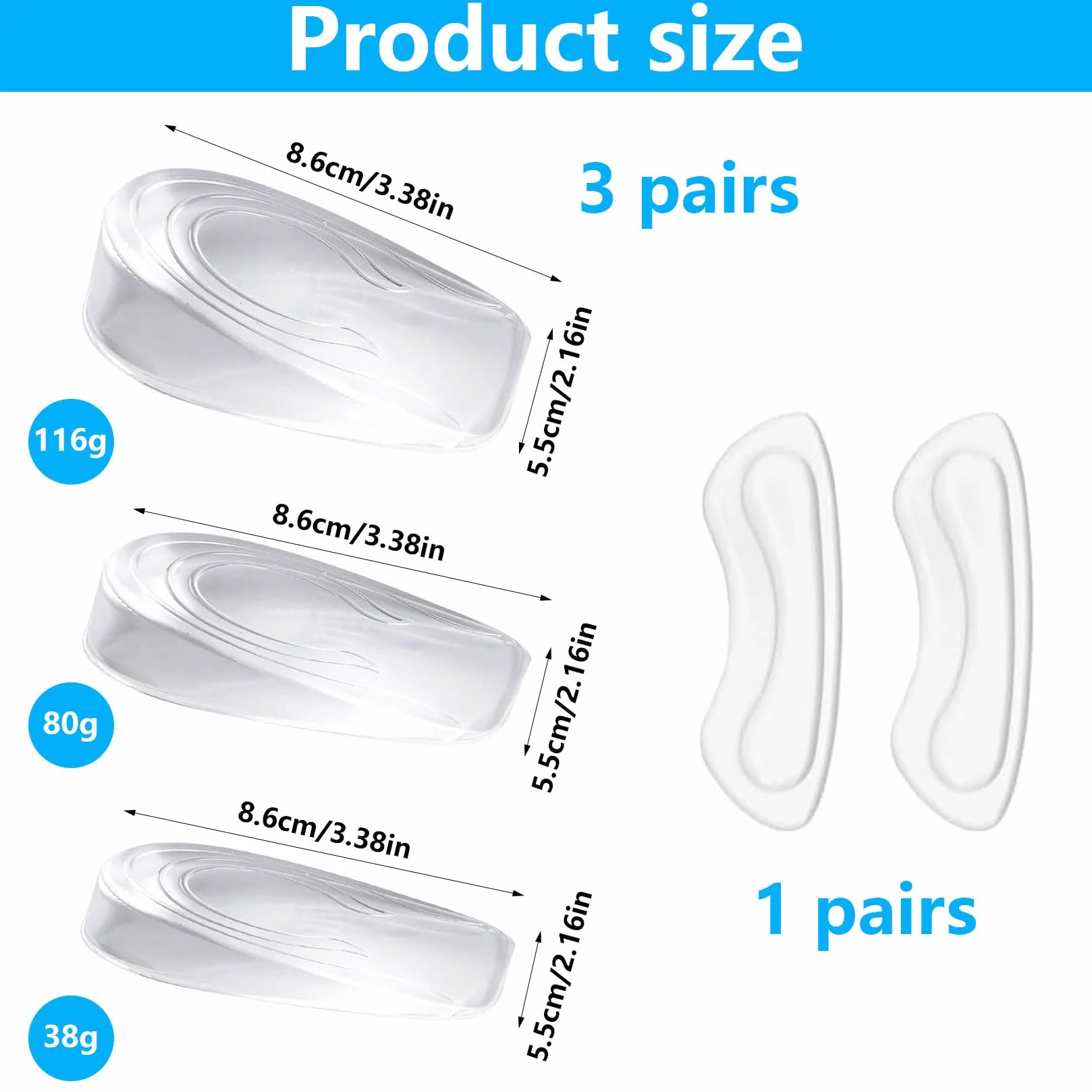 3 Paia Altezza Aumentando Tallone Solette, 1/2/3cm Rialzo Tallone per Scarpe, Solette Rialzate Donna, Talloniera di Silicone di Altezza Solettes + 1 Paio Cuscinetti per Tallones