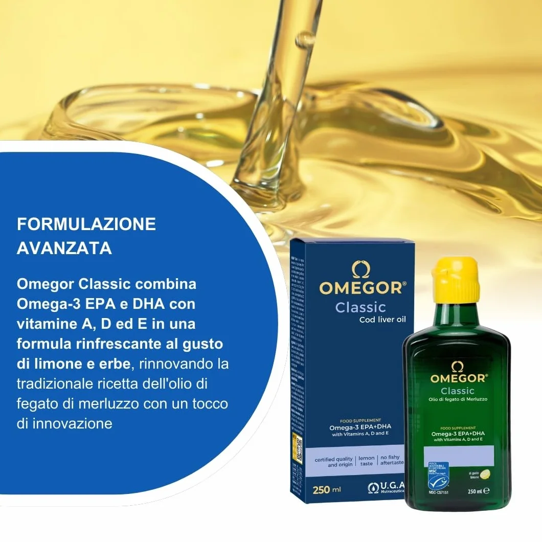 OMEGOR Classic Olio di Fegato di Merluzzo Liquido 250ml - Omega 3 1000mg con Vitamine A, D, E - 540mg DHA 360mg EPA