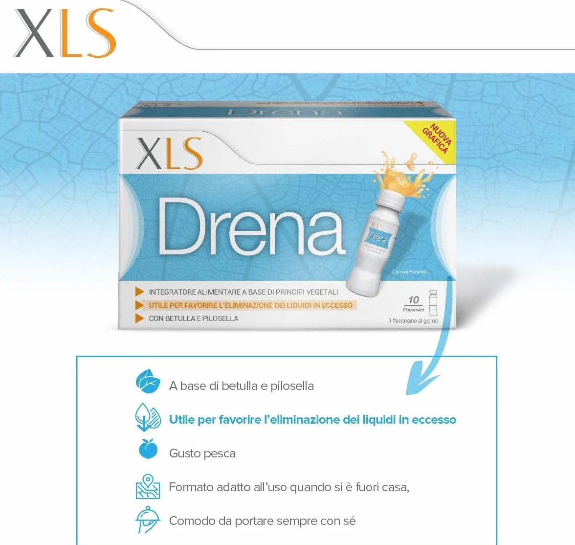 XLS Drena Integratore Alimentare Drenante Donne, 10 Flaconcini
