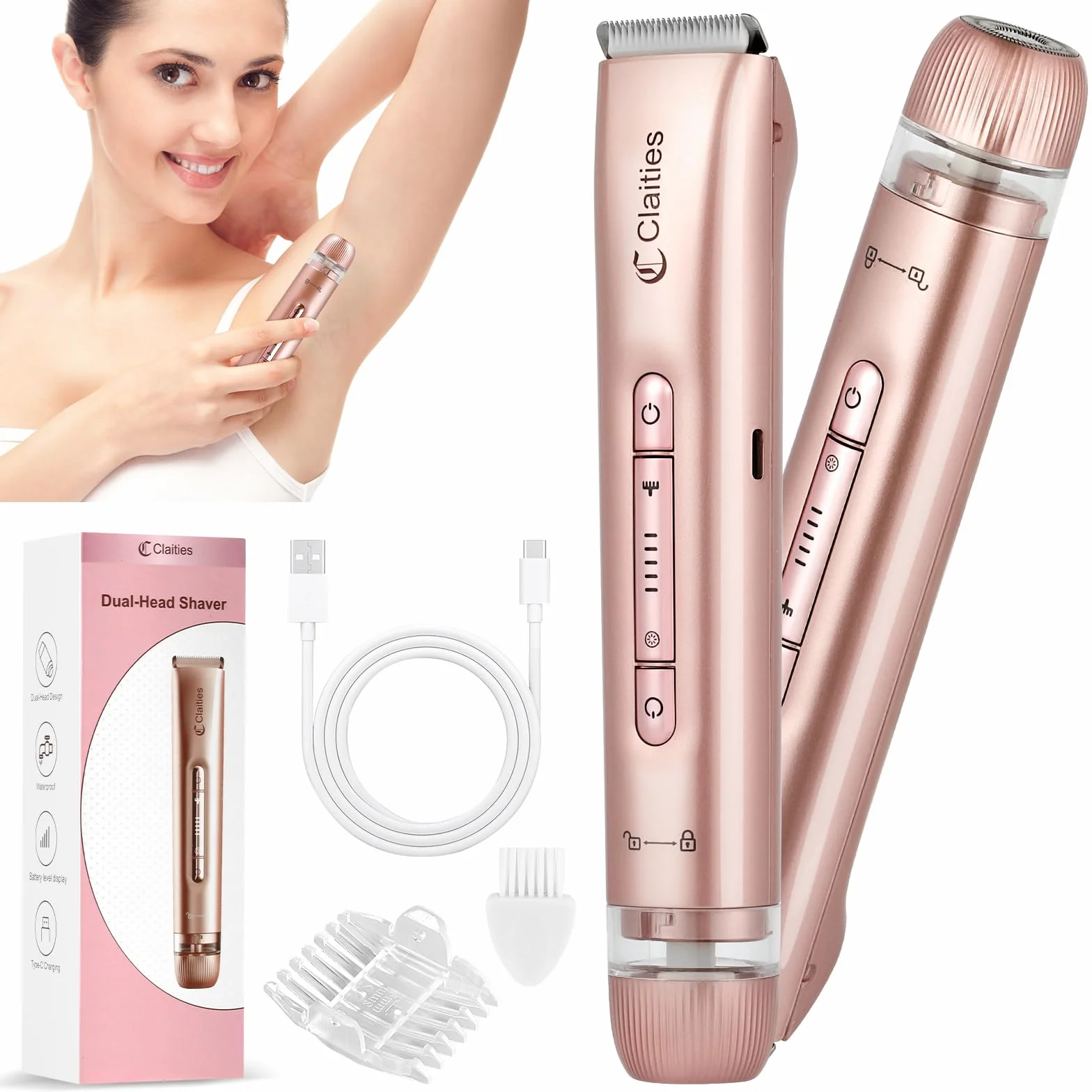Rasoio elettrico da donna 2 in 1 a doppia testa IPX7 impermeabile per bikini gambe braccia viso