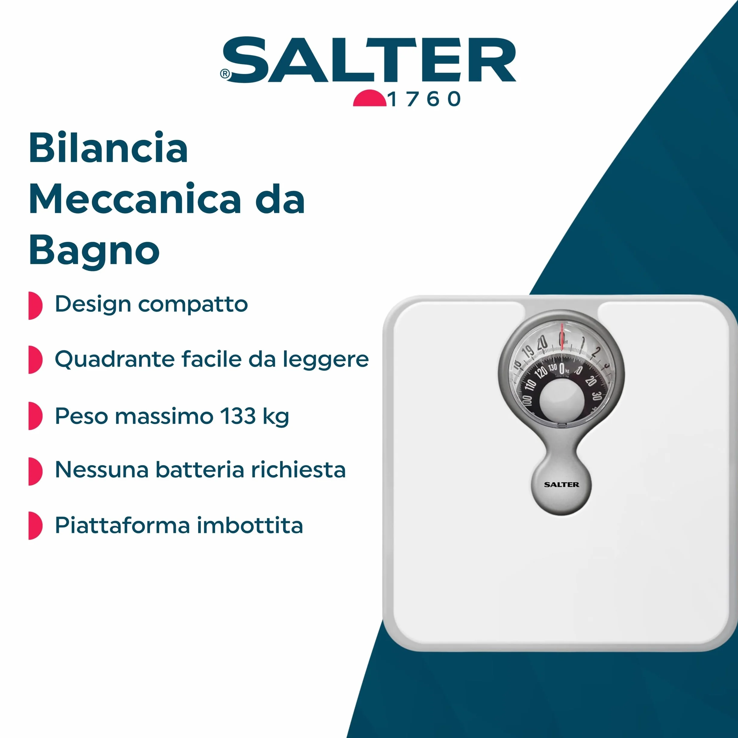 Salter Bilancia Meccanica da Bagno – Bilancia Pesa Persona Analogica, Quadrante con Lente d’Ingrandimento, Portata Massima 133 KG, Design Monocromatico, Senza Batterie, Colore Bianco