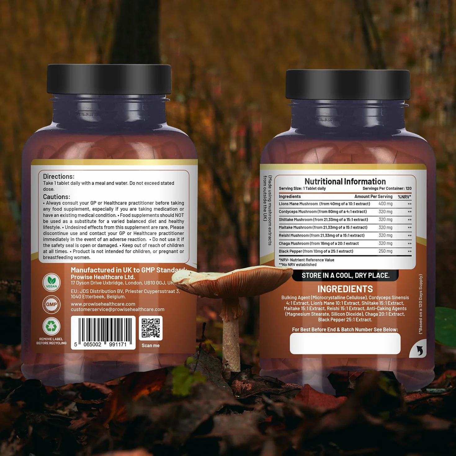 Advanced Mushroom Complex 2000mg | Una super miscela di 6 funghi con criniera di leone, chaga, cordyceps, shiitake, reishi e maitake con pepe nero | 120 compresse vegane ad alta resistenza