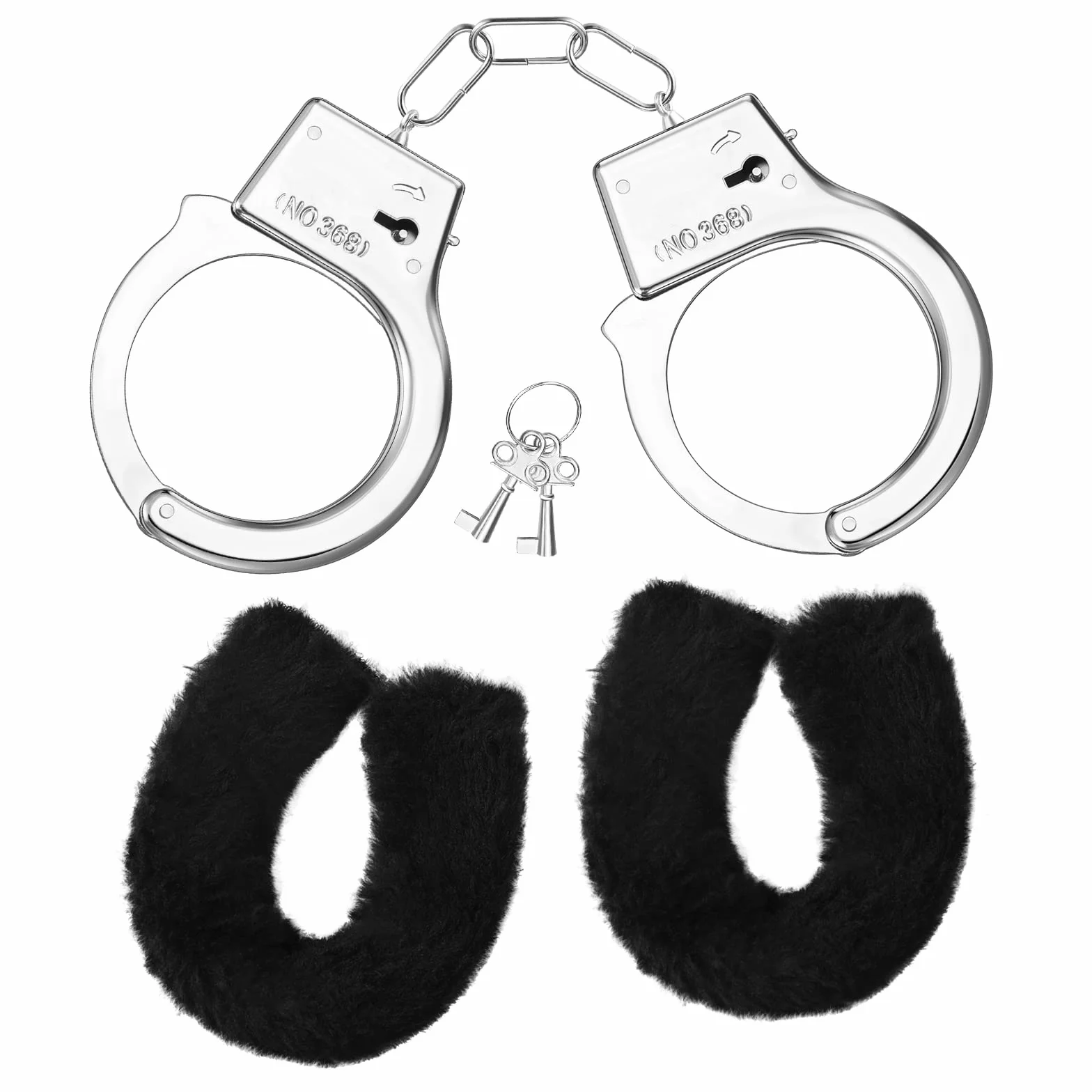 SATINIOR Manette per Coppia con 2 Chiavi Manette in Metallo Morbido Peluche per Costume di Polizia Festa di Carnevale e Halloween (Stile Peluche,Nero)