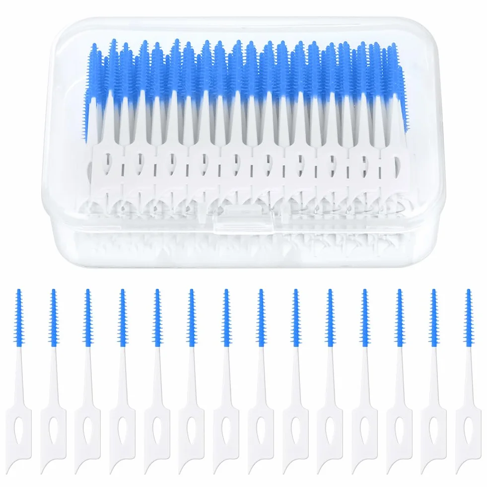 Spazzolino Interdentale 220 Pezzi Set con Scatola, Spazzolini Interdentali in Silicone per Pulizia Denti (Blu)