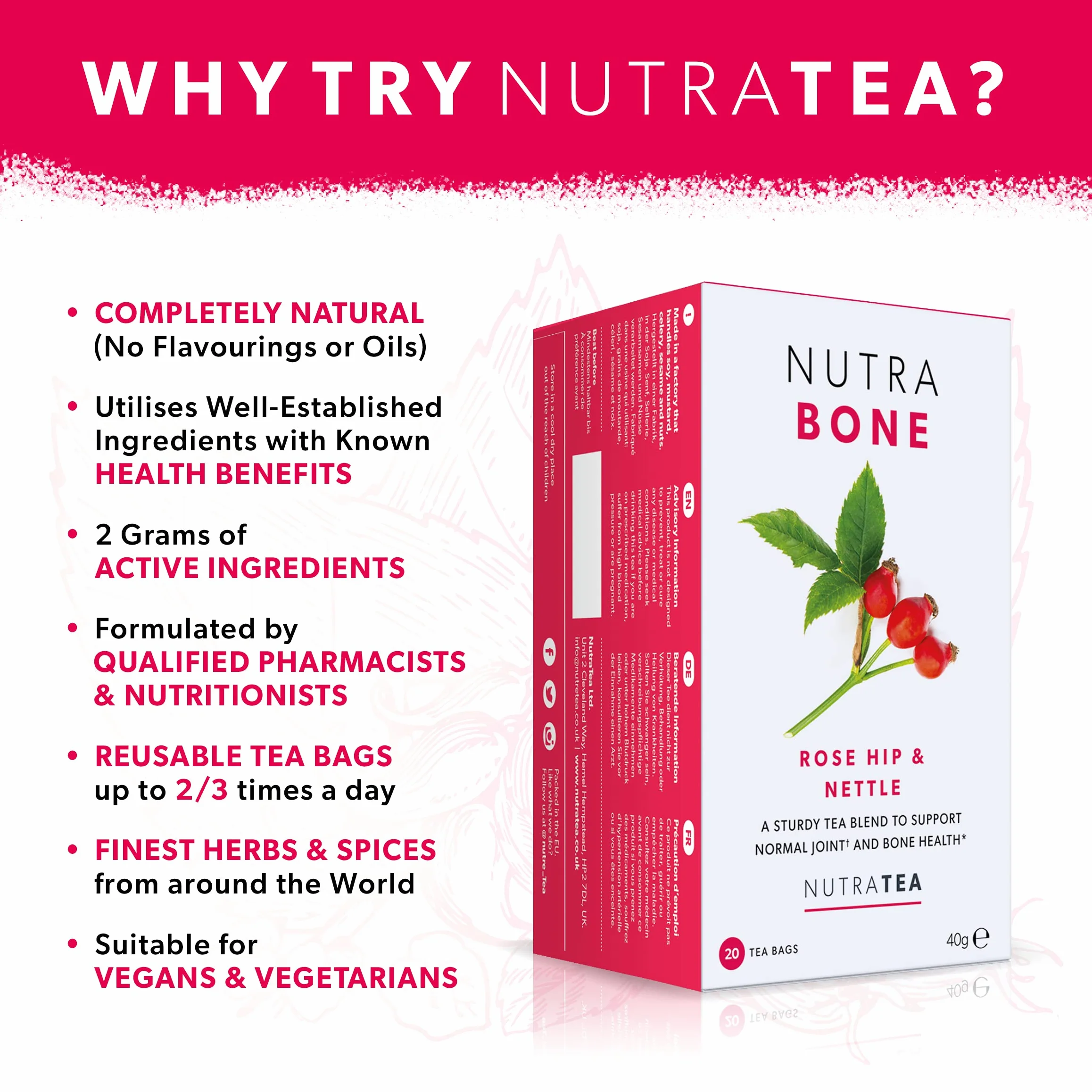 Nutratea Tè per la Salute delle Ossa con Ginkgo Biloba e Rosa Canina 20 Bustine
