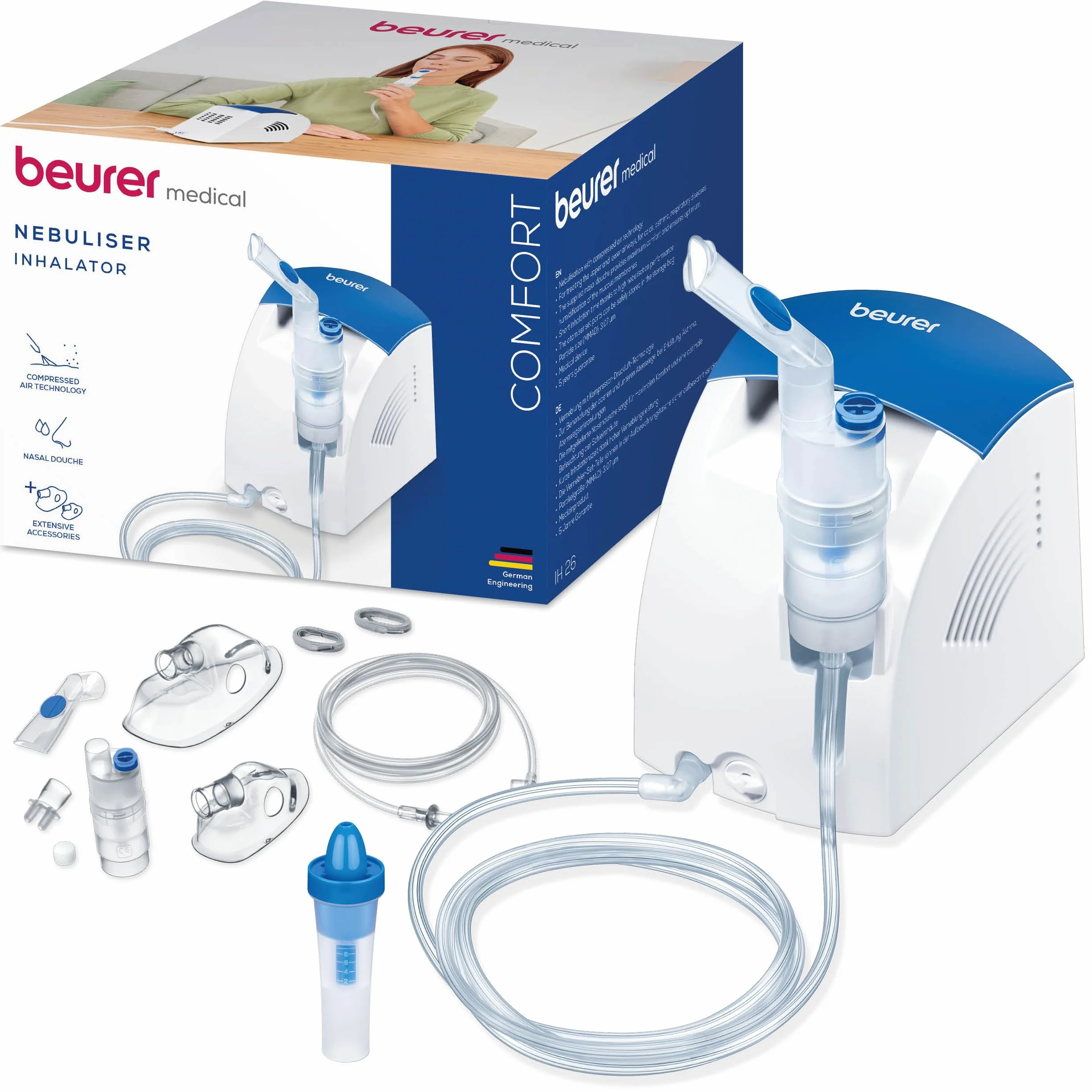 Beurer IH 26 Aerosol Compressa con Doccia Nasale e Accessori, Bianco/Blu, 16.6 x 14.8 x 14.1 cm, 0.8-1.45 bar