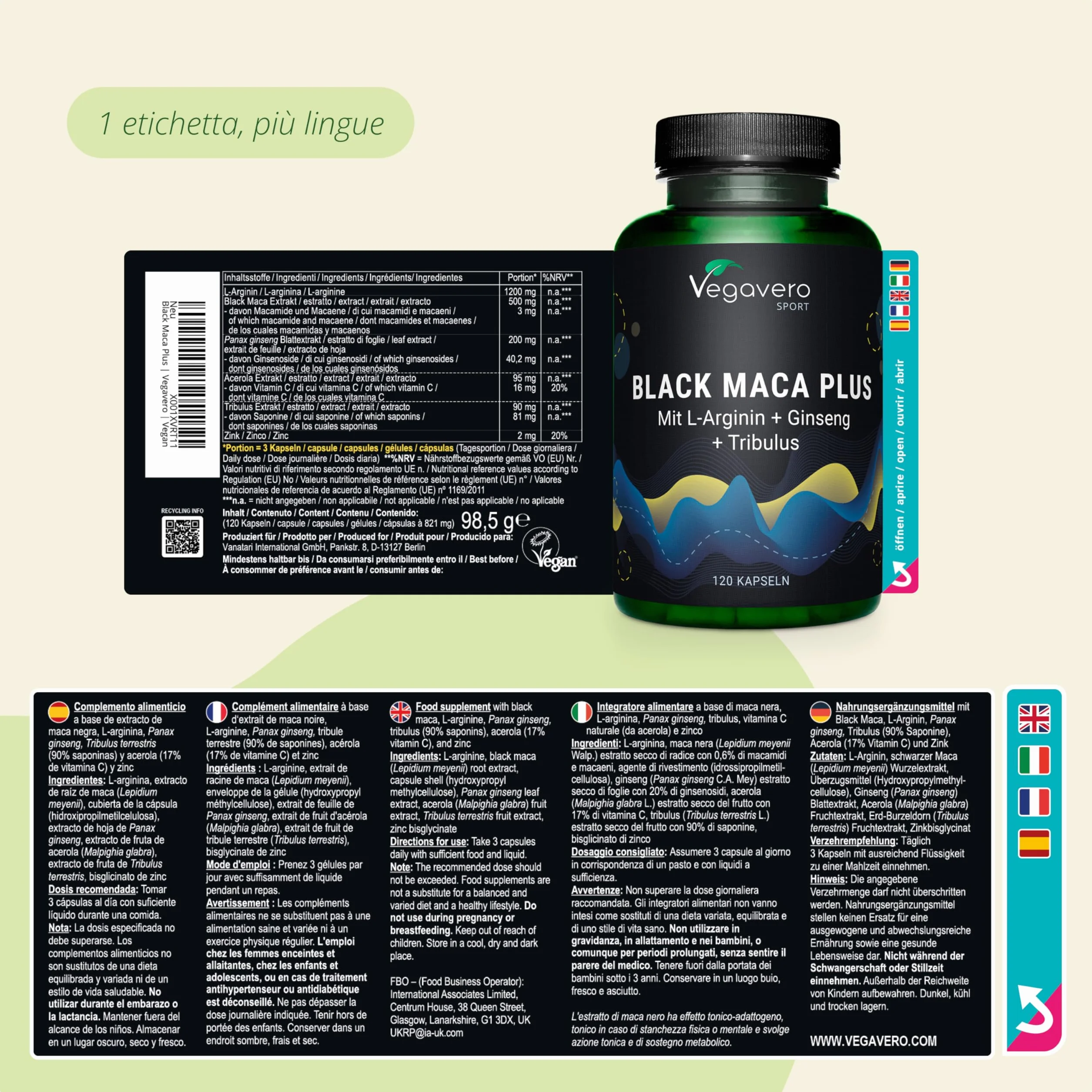 Maca Nera Complex | con L-arginina + Ginseng + Tribulus + Zinco | Integratori Sport Pre-workout | 120 capsule | Vegan | Senza Additivi | Vegavero