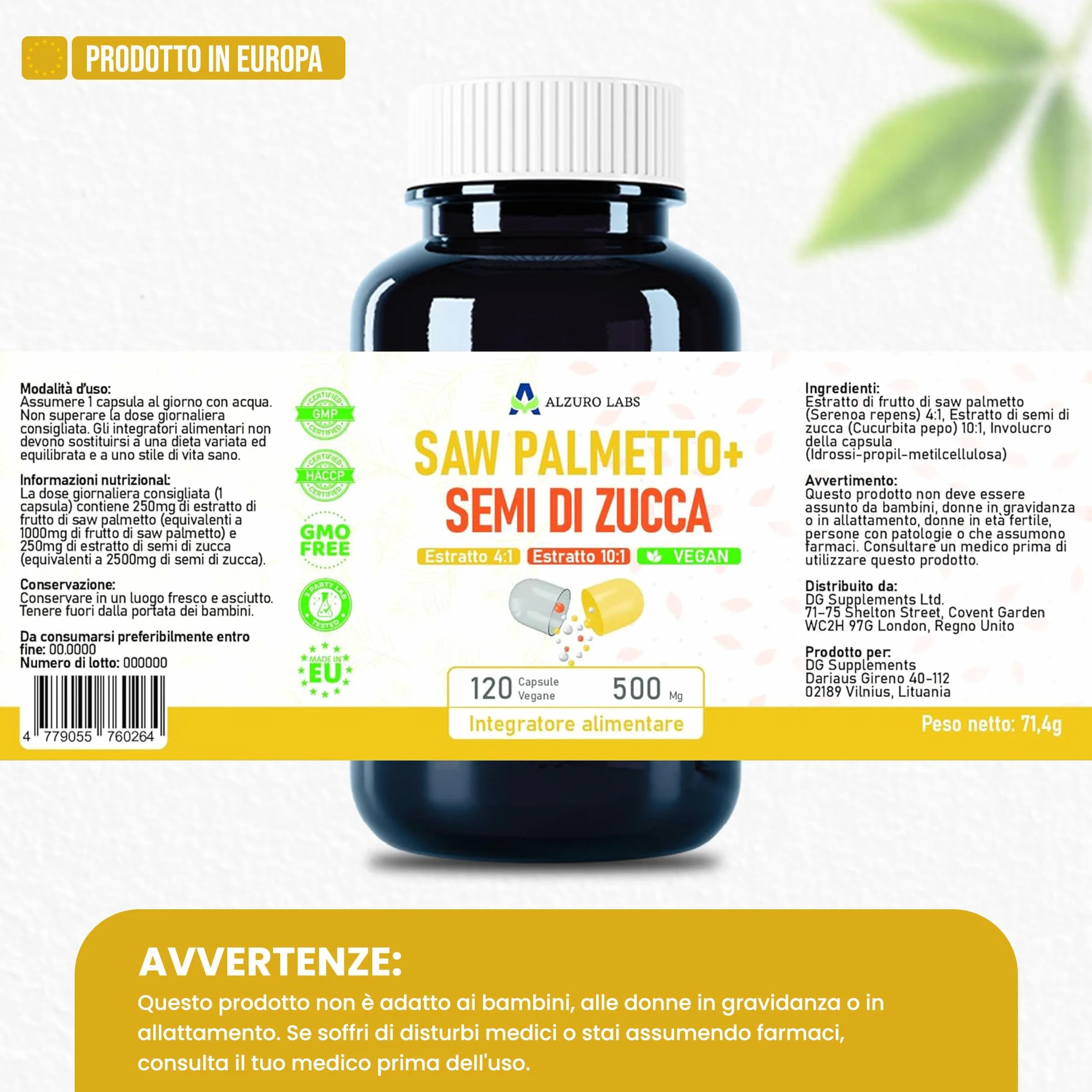 Saw Palmetto e Semi di Zucca 500mg Estratto 4:1 10:1 120 Veg Capsule 4 Mesi GMP Testato da Laboratorio Indipendente