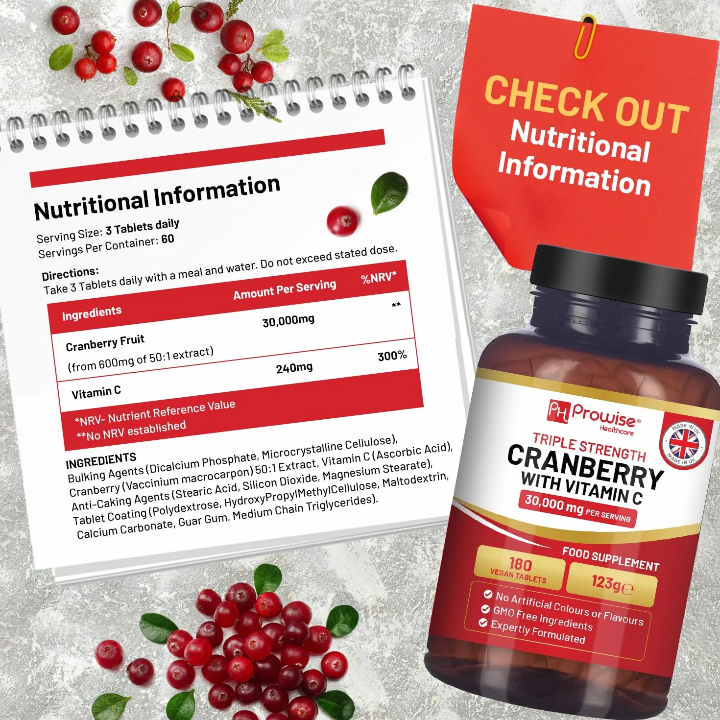 Mirtillo Rosso 30.000 mg con Vitamina C 180 Compresse Vegane Facili da Deglutire Prowise Healthcare