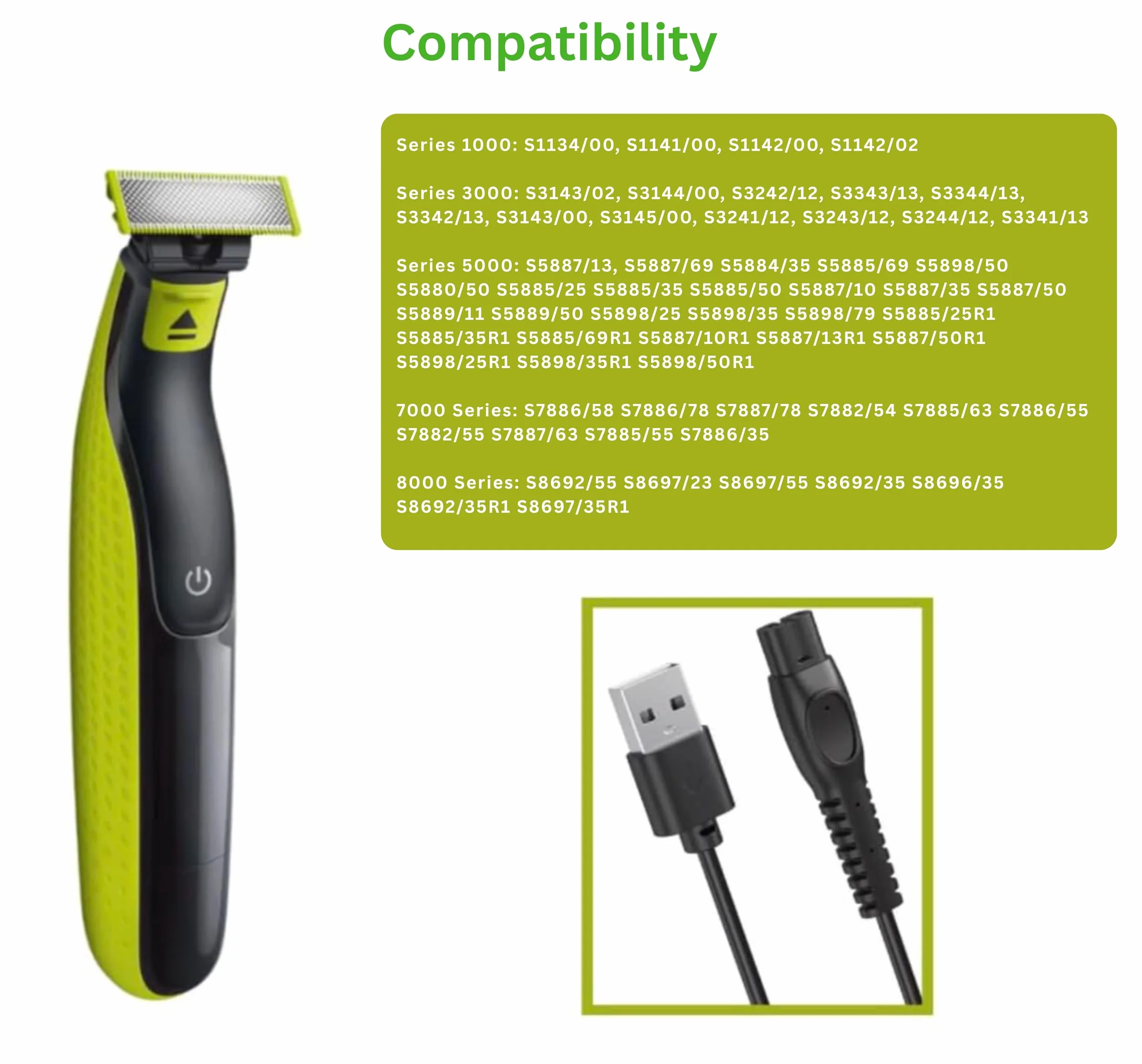 Philips Ricambio Cavo USB 5V 100cm Caricabatterie per Rasoi Elettrici Serie 1000 3000 5000 7000 8000
