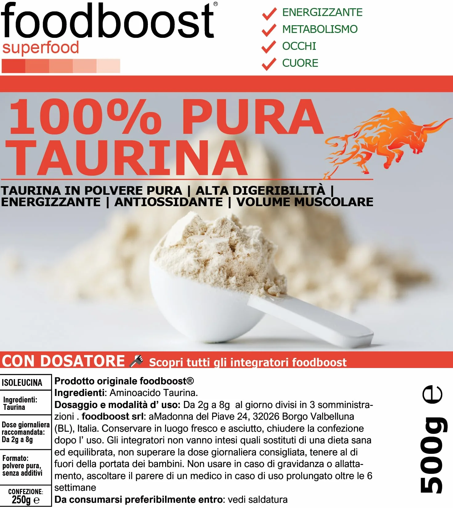 Taurina pura in polvere 500 g foodboost - Ø additivi, dosatore - ipertrofia muscolare - libido - vista, marchio di fiducia italiano, integratore taurina pre workout/post workout - 500 DOSI