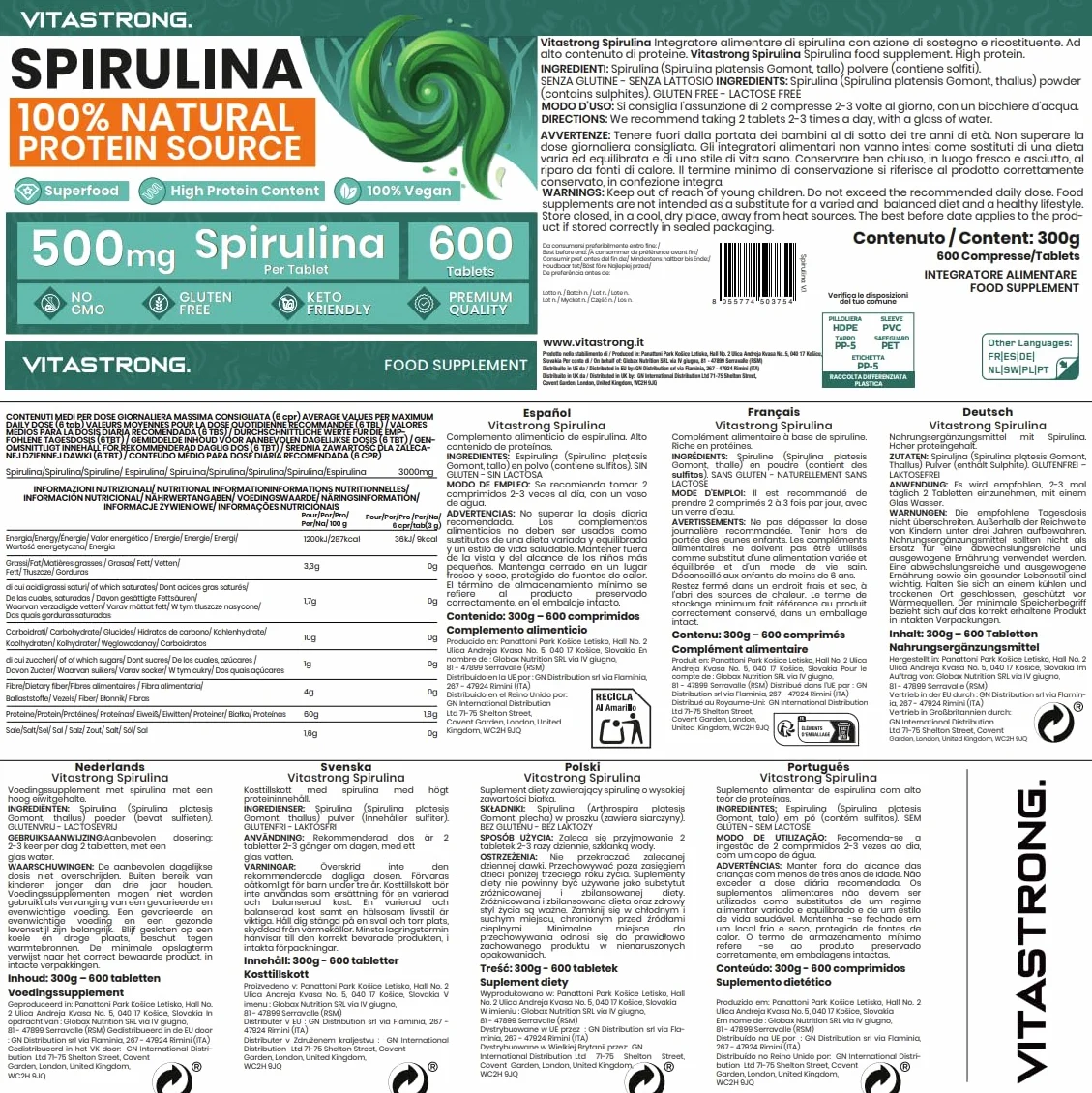 Vitastrong Spirulina Compresse 3000mg 600 Compresse Vegan Alto Contenuto Proteico Integratore Alimentare Senza Glutine OGM