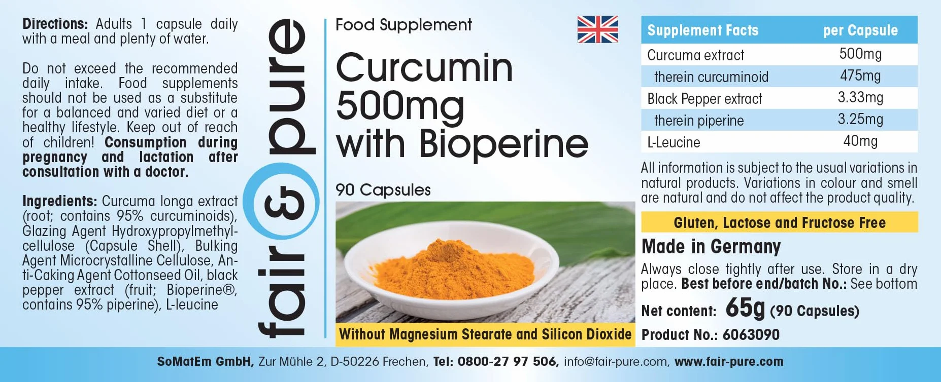 Fair & Pure Curcuma Capsule con Pepe Nero Curcumina 500mg 95% Piperina Vegano 90 Capsule