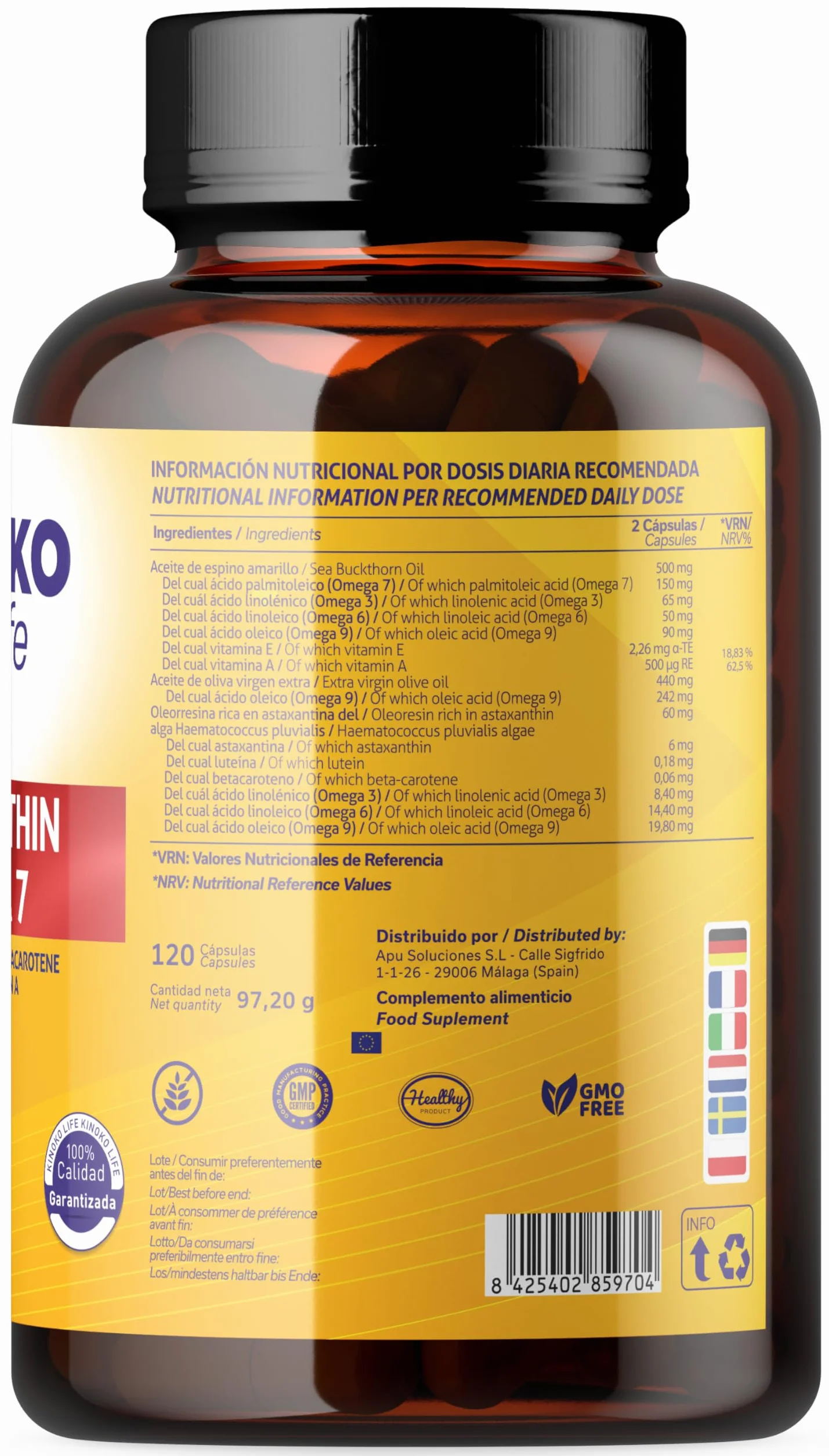 Astaxantina e Omega 7 dall'olio di olivello spinoso - 120 capsule con Omega 3, 6, 7, 9, luteina, betacarotene, vitamine E e A